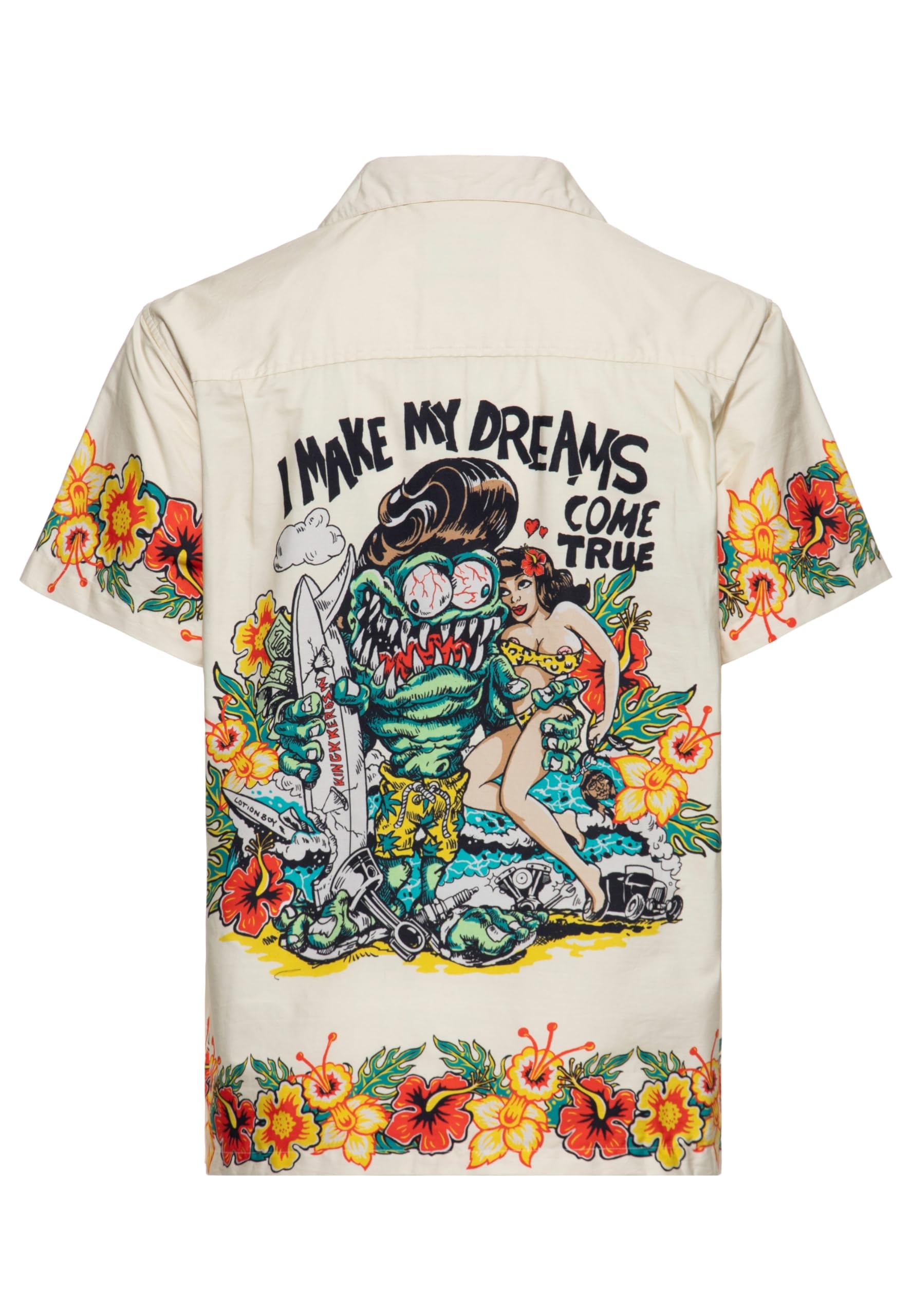 King Kerosin Herren Hawaii · Hemd · Kurzarm · Hawaiian Shirt · Artwork · Cartoon · Print · Monster · Surfer · Vintage · Retro · 50s · Rockabilly · Bio Baumwolle · I Make My Dreams Come True