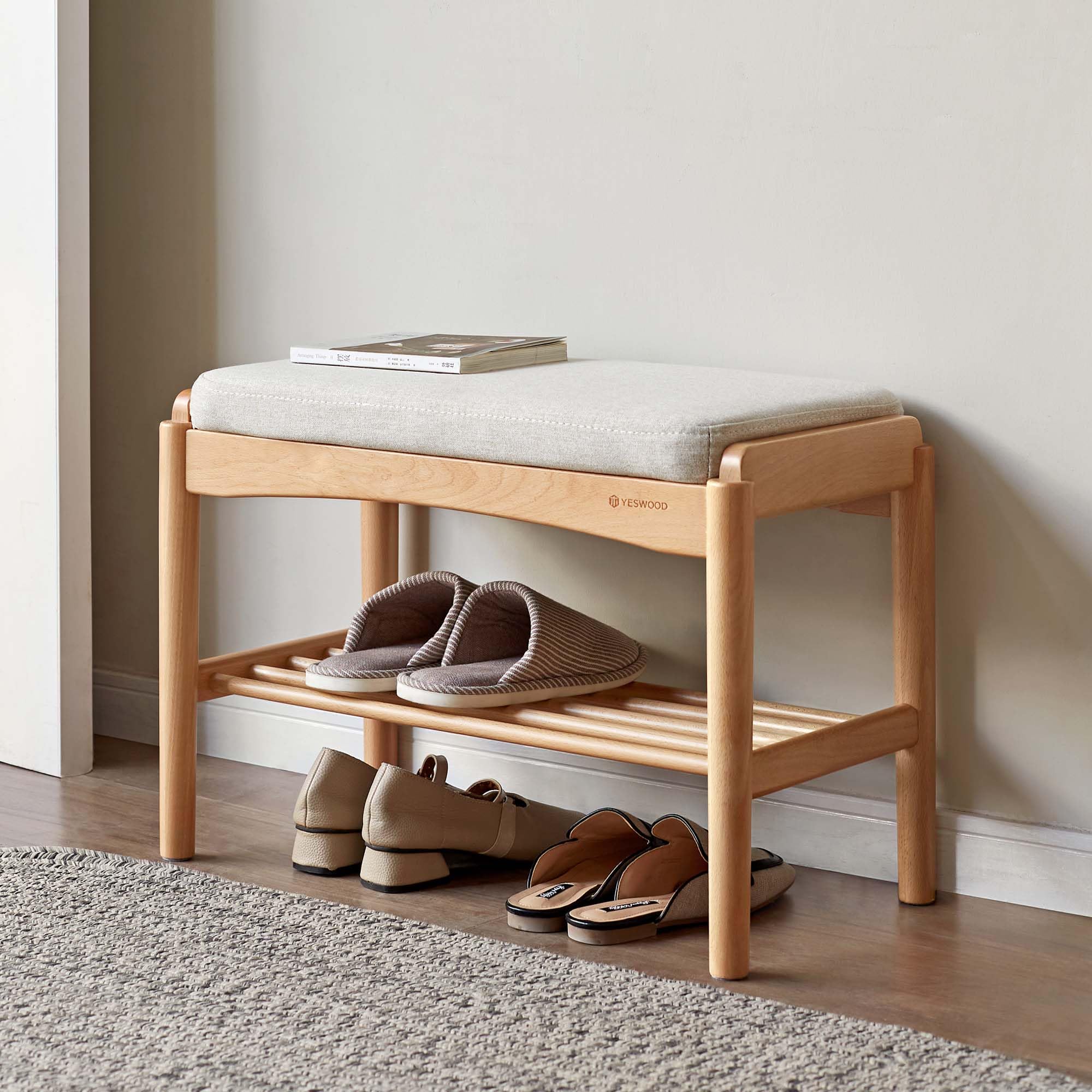 YESWOOD Schuhbank mit Sitzpolster Massivholz Buche, Sitzbank für Flur mit Schuhablage, Gepolsterte Bank mit Offenem Regal, Holz Bank für Eingangsbereich Schlafzimmer, Natur