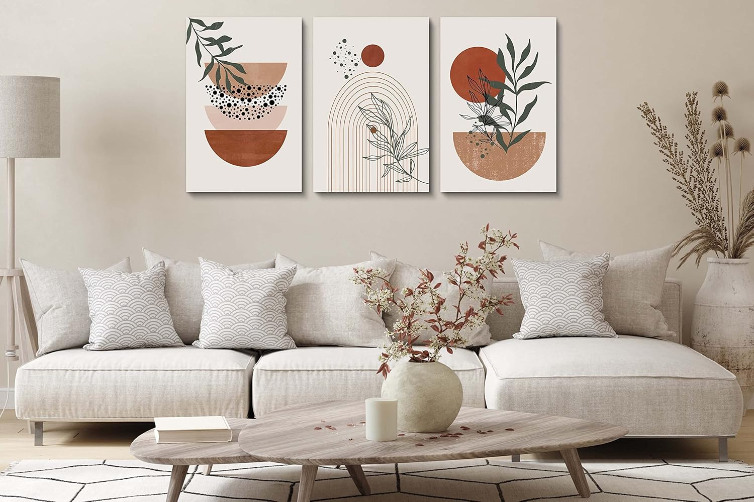 Boho Wall Art Prints，Boho Wall Decor, Mid Century Modern Wall Art，Set of 3 Prints, Abstract Geometric Prints Black Beige Terracotta Minimalist Art, Natural Framed Canvas Prints Artwork For Living Room
