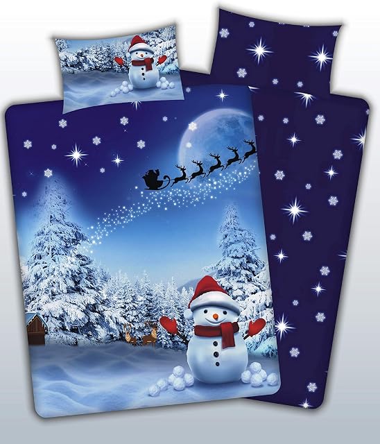 CnA Stores Blue Christmas Bedding Snowman Duvet Cover Set with Pillowcases (Double)