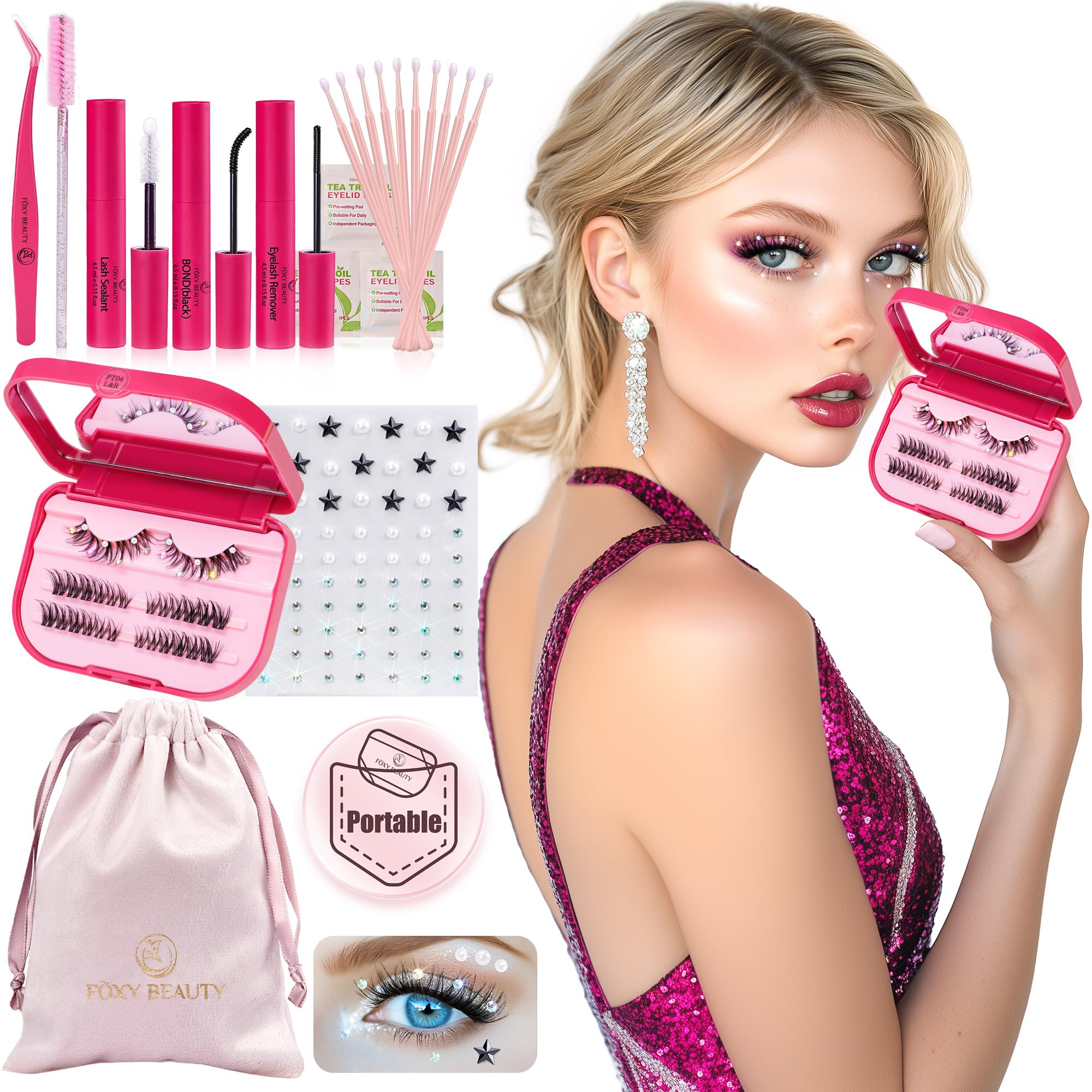Lash Clusters Kit with Self Adhesive Pearl Stickers Natural Lash Clusters Left Right Lash Extension Kit with Bond Seal Eyelash Kit Gift Set with