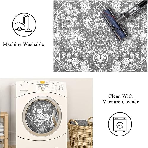 Miniatura 7 de Pauwer Alfombra de área de 5 x 7, alfombra envejecida de pelo bajo, antideslizante, no desprende pelusa, con estampado floral, alfombra decorativa