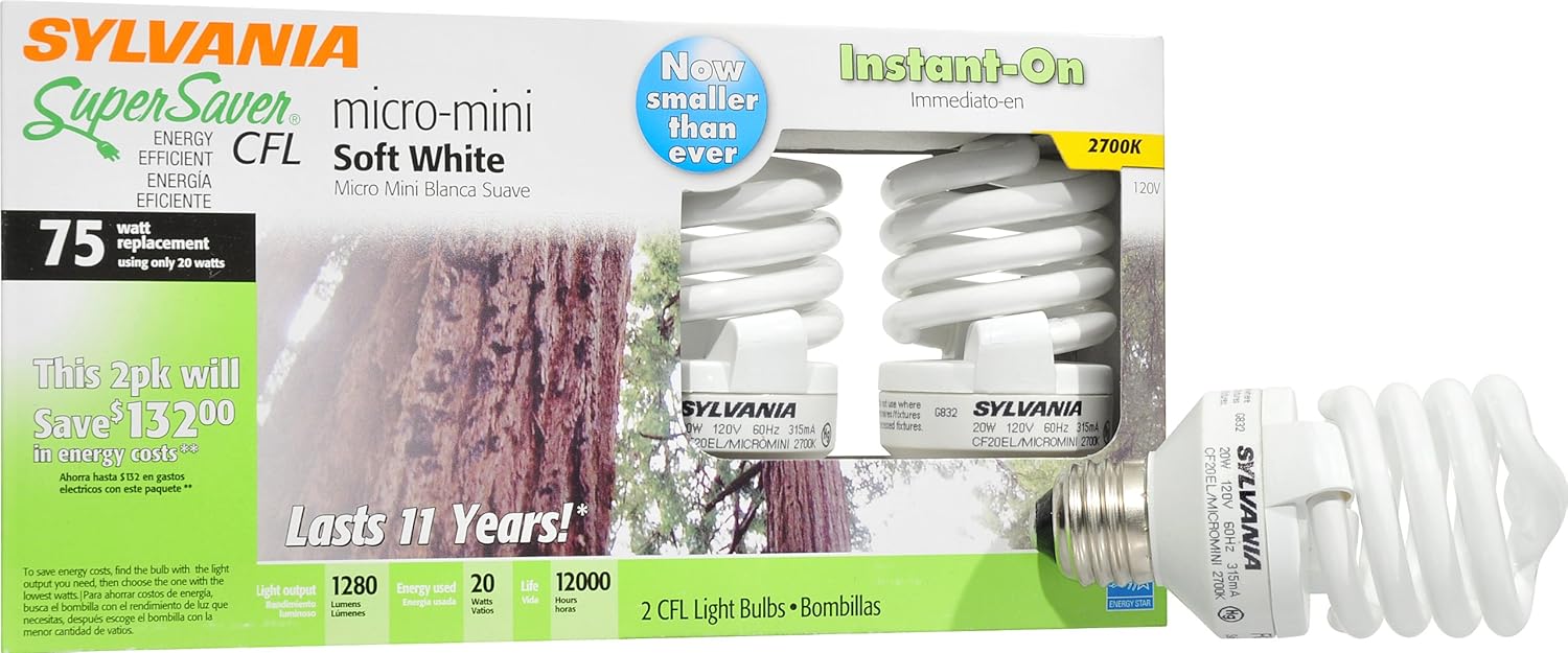 Sylvania 29728 20W Compact Fluorescent Micro Mini with Integral 120V Ballast Medium Screwbase, Warm White, 2 Pack # CF20EL/MICROMINI/827/RP2