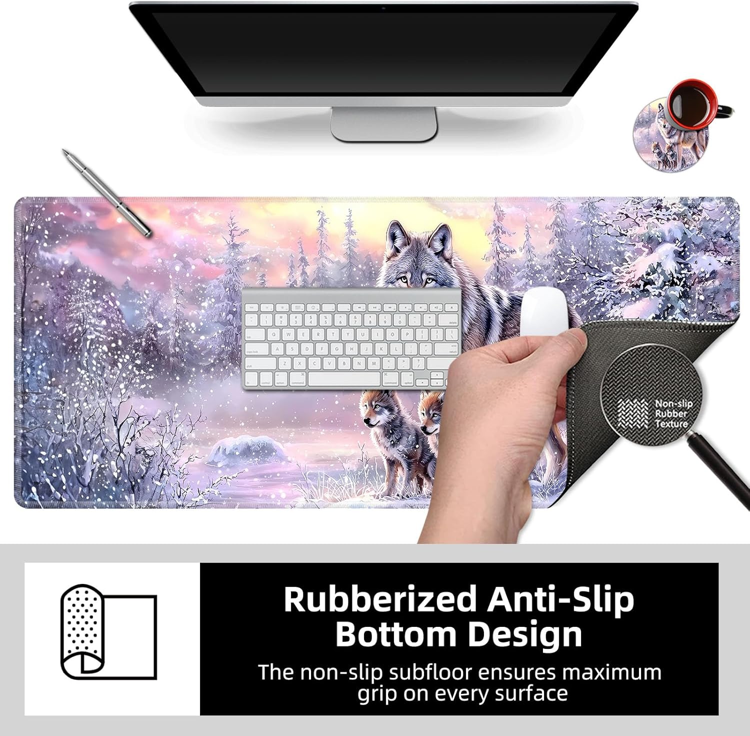 Large Desk Mat With Stitched Edges - A Family of Wolves Office Pad, Anime Gaming Mouse Pad, Extended Keyboard Mat, 31.5x11.8 Inch Waterproof Writing Pad for Office and Home