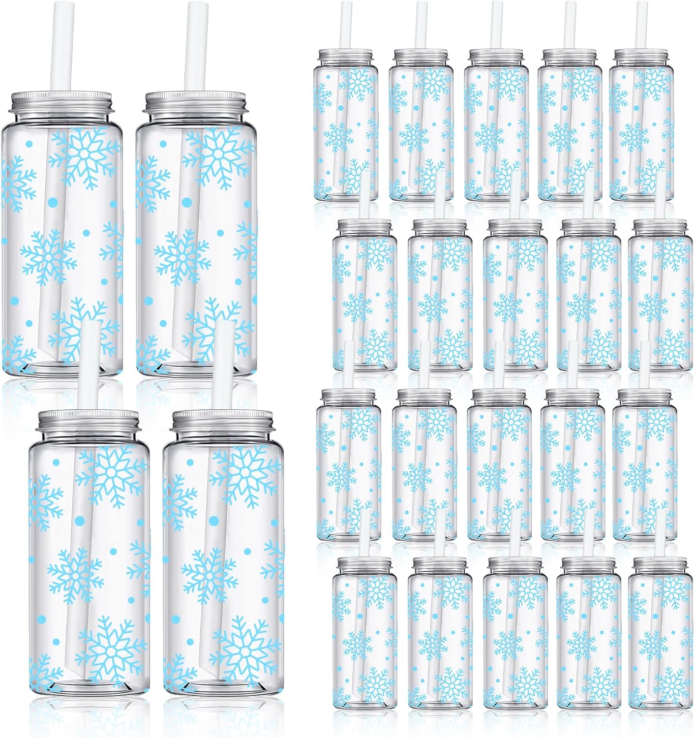 Whaline 20Pcs Winter Blue Snowflake Plastic Cups with Lids and Straws Clear Reusable Christmas Party Drinking Cups for Xmas Party Supplies