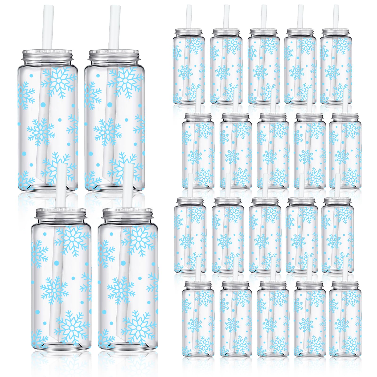 Whaline 20 bicchieri di plastica con fiocco di neve blu invernale con coperchi e cannucce, riutilizzabili, per feste di Natale, forniture per feste di Natale
