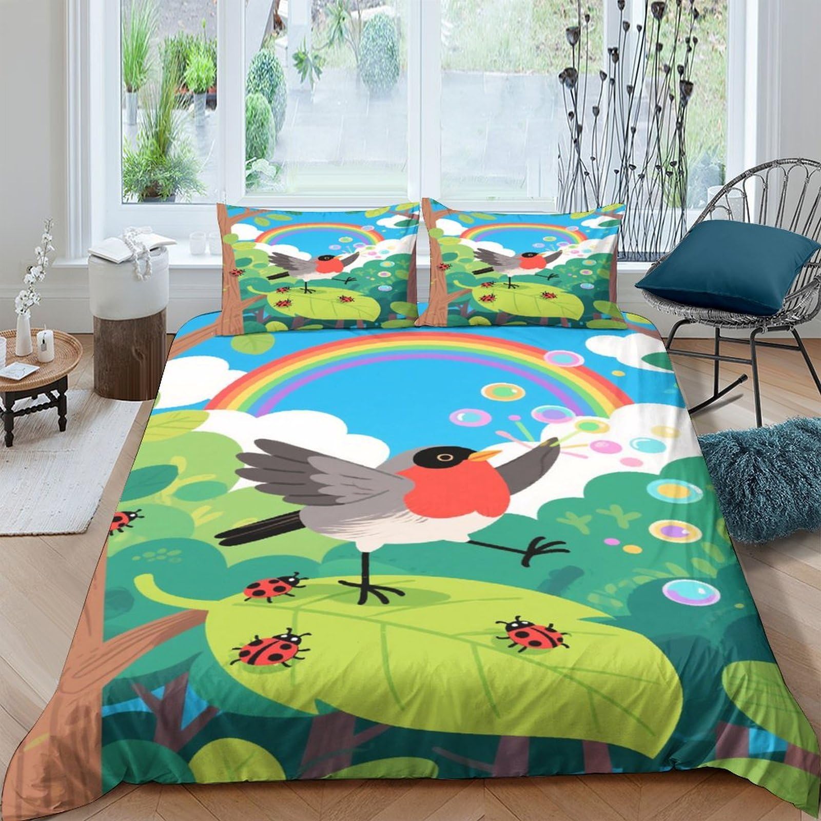 Ctjqhvkz Style-4 3D Printed Rainbow Bird Fitted Sheet Microfiber Ladybug Leaf Mattress Cover For Bedroom Dorm Bed Decor Washable Single（135X200cm）