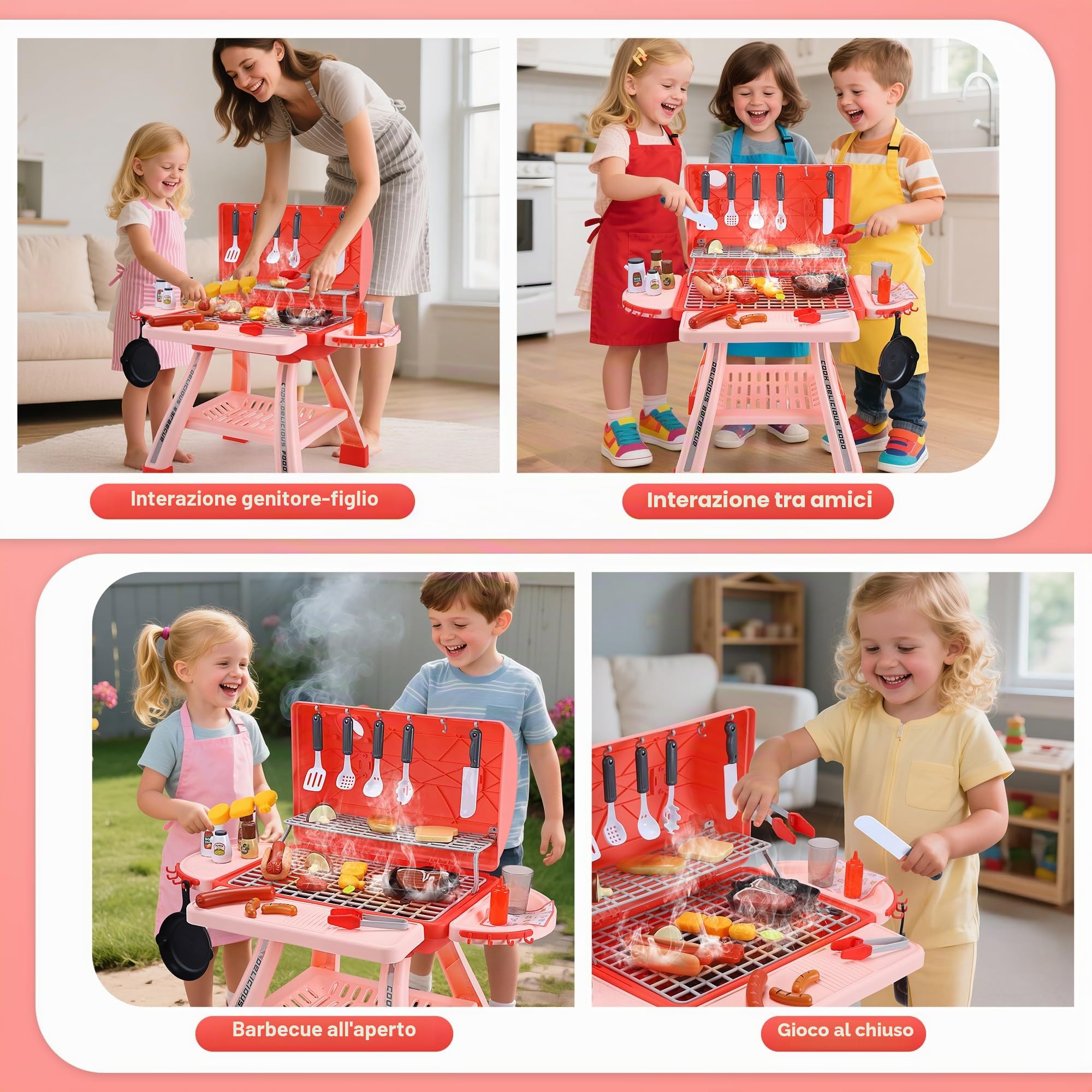 CUTE STONE barbecue giocattolo in pietra per bambini, set da cucina, set da gioco realistico per barbecue con fumo e accessori da cucina Rosa