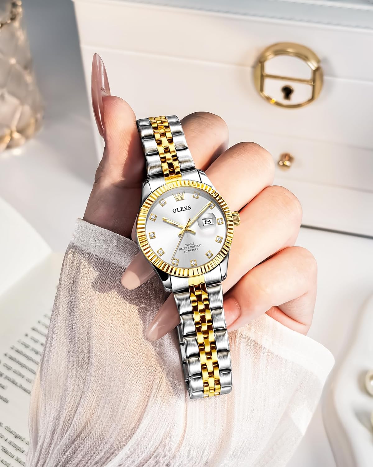 OLEVS Womens Watch Fashion Dress Diamond Female Watches for Ladies Analog Quartz Stainless Steel Waterproof Luminous Day Date Two Tone Wristwatch - Image 3
