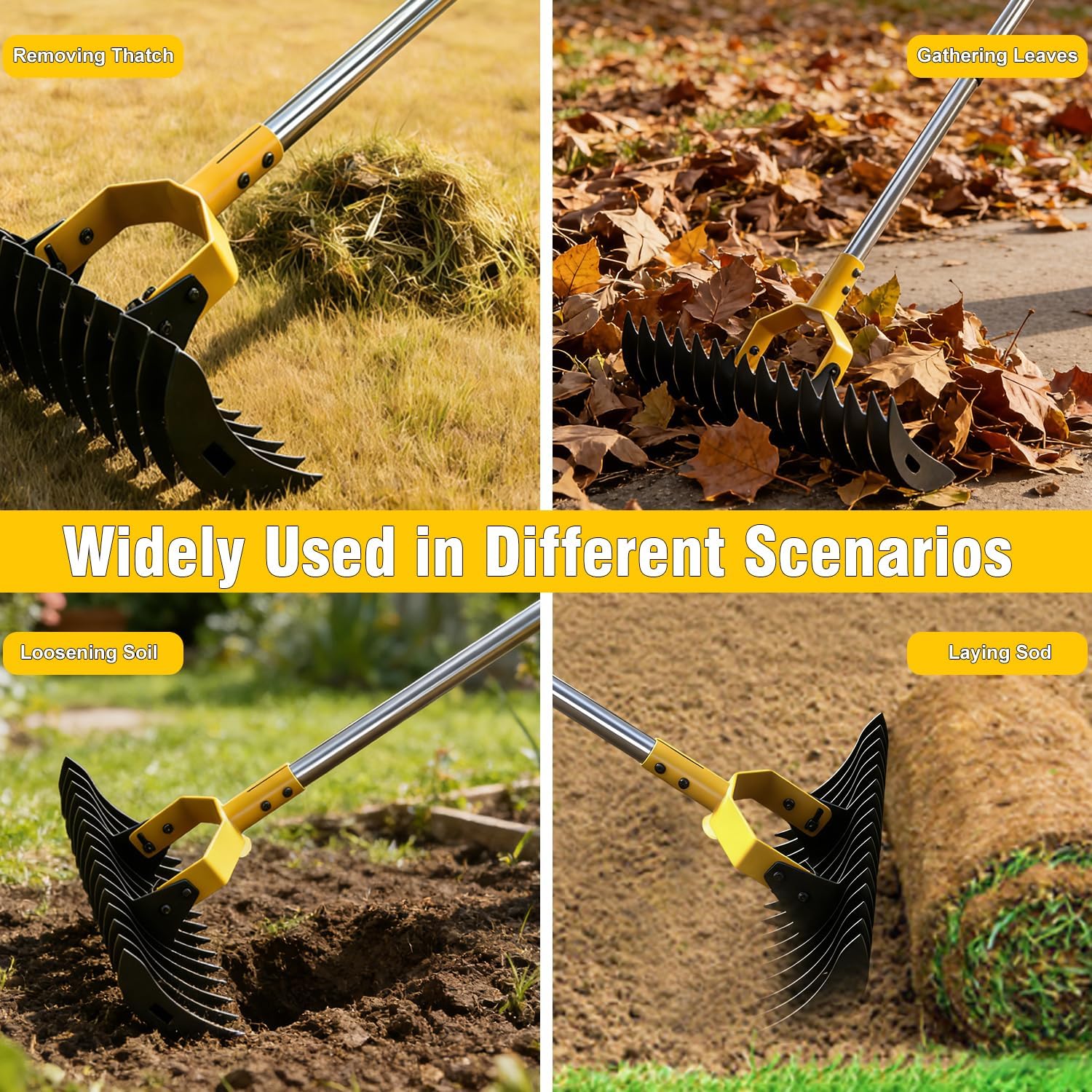Thatch Rake, 15" Wide Lawn Dethatcher Rake, Heavy Duty Rake for Dethatching with Dual-Side Tines to Clean Dead Grass & Leaves, Adjustable 71.5In Handle Thatching Rakes for Garden/ Yard