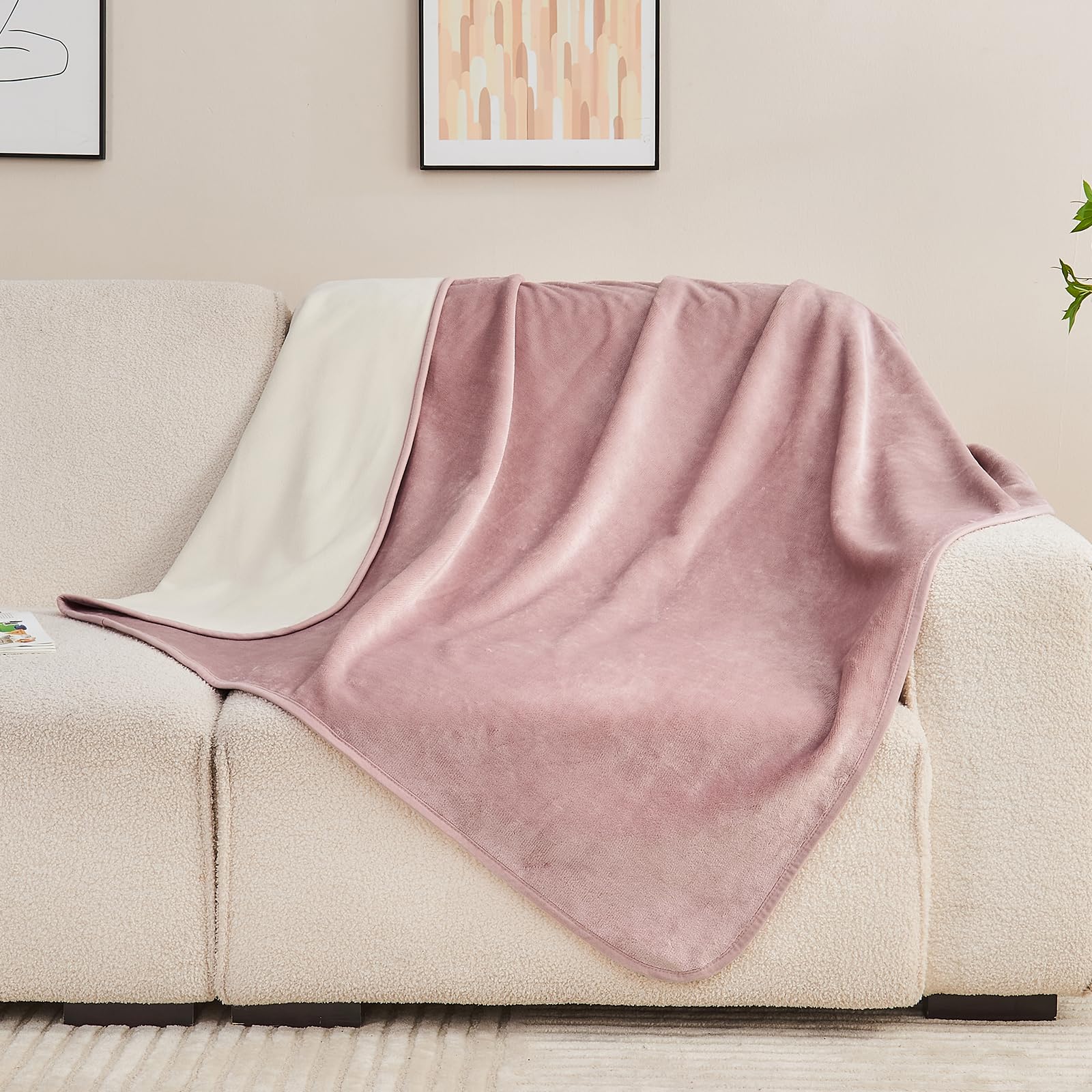 Yaning Waterproof Blanket 101x152cm for Adults Reversible Waterproof Bed Cover for Dogs Cats Pets Soft Leakproof Blanket for Bed Couch Sofa Furniture Protector Dusty Pink/Off White