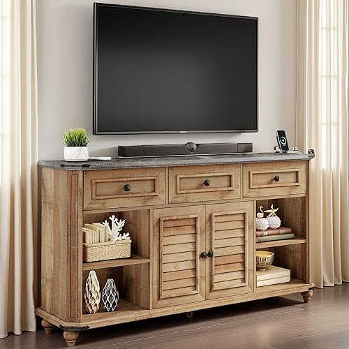 DWVO Farmhouse TV Stand for 65 Inch TV, 31.5" Tall Entertainment Center w/3 Drawers & Shutter Doors, Rustic Media Console Cabinet w/Storage Shelves, Wood Television Stand for Living Room, Rustic Brown