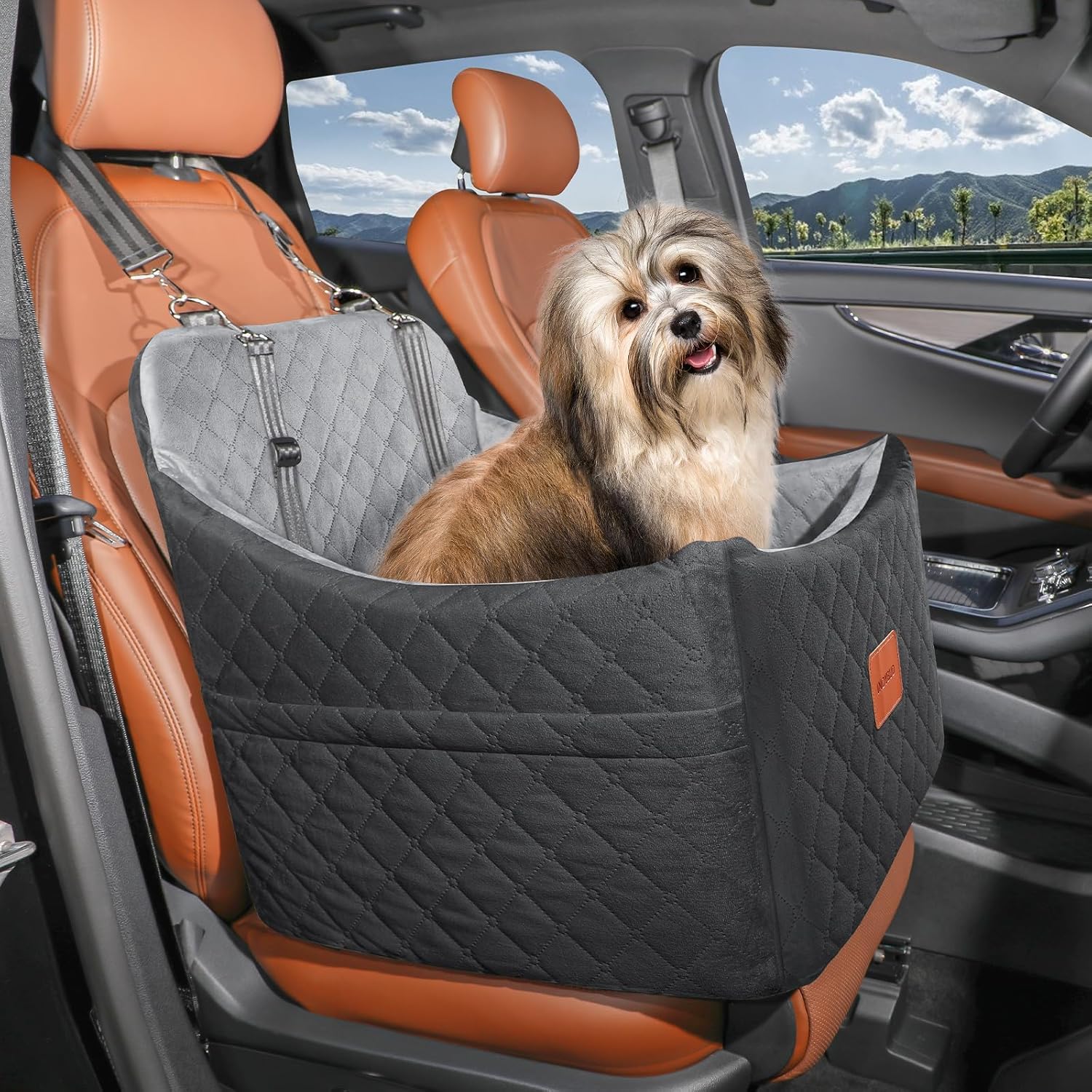 Dog Car Seat for Small Medium Dogs,Detachable Washable Dog Booster Seat Under 35lbs, Pet Car Seat Travel Bed with Storage Pockets and Safety Belt (Black/Grey, Medium) - image 2