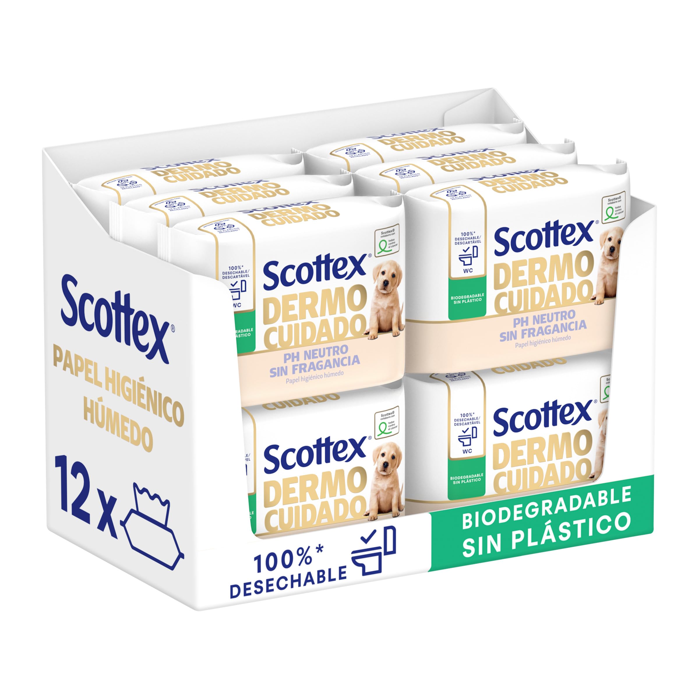 Scottex Papel Higiénico Húmedo Dermo Cuidado PH Neutro para Pieles Delicadas, Biodegradable y Sin Plástico, Caja 12 packs con 66 servicios, Total 456 Toallitas Húmedas Desechables por WC