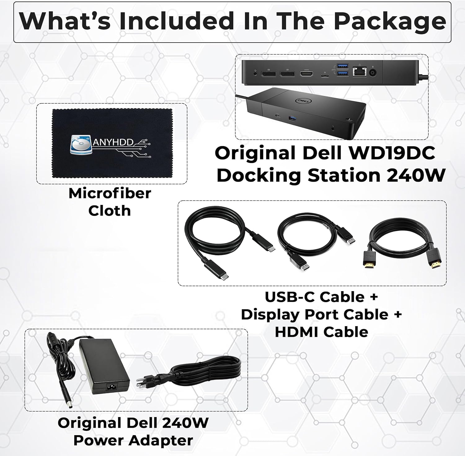 Dell WD19DC Performance Docking Station USB-C with 240W Power Adapter (210W Power Delivery) + HDMI Cable + Display Port Cable + USB-C Cable + Microfiber Cloth Included (Renewed)