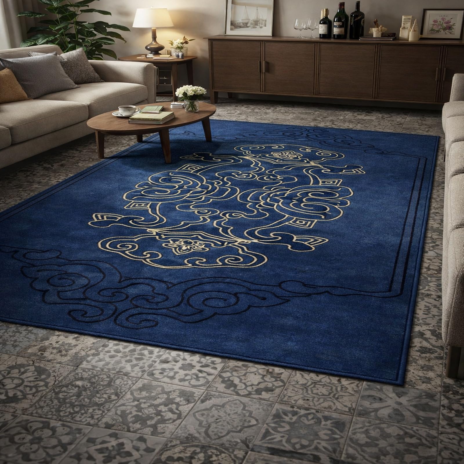 Tapis de salon bleu de grande taille 180x230cm haut de gamme