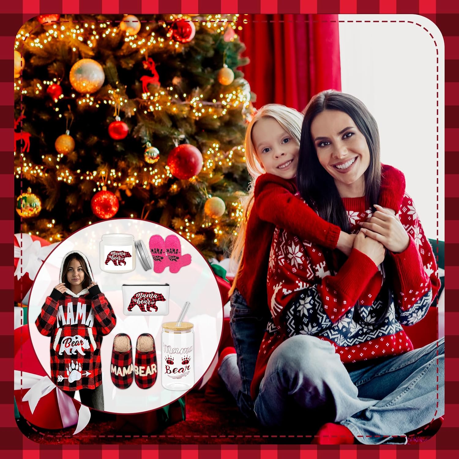 6 Pcs Mama Bear Gifts for Mom Include Cup Slippers Wearable Hoodie Aromatherapy Candle and Makeup Bag for Mother's Day Birthday Christmas Thanksgiving Gifts from Daughter Son (Slippers 7-8)