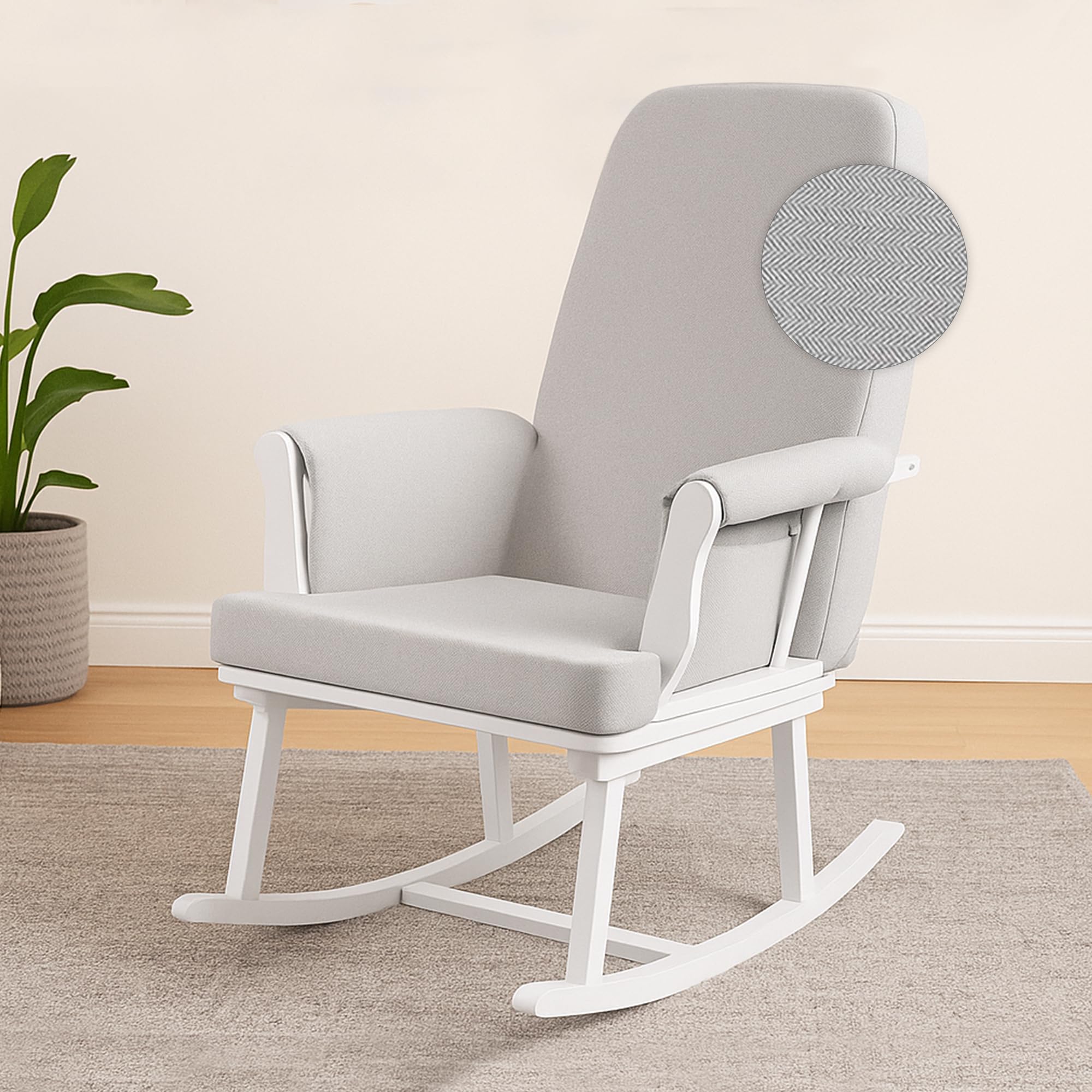 KUB Haldon - Sedia a dondolo compatta per allattamento, design salvaspazio, perfetta per piccoli asili, morbido tessuto effetto lino, tasche portaoggetti, certificazione di sicurezza (zigzag bianco e
