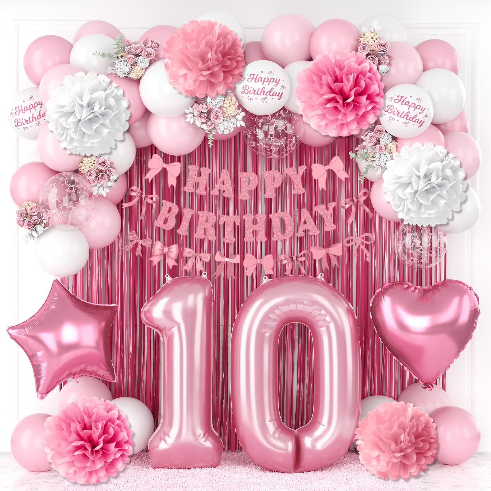 10th Birthday Decorations Girls Pink Number 10 Balloon Bow Coquette Party