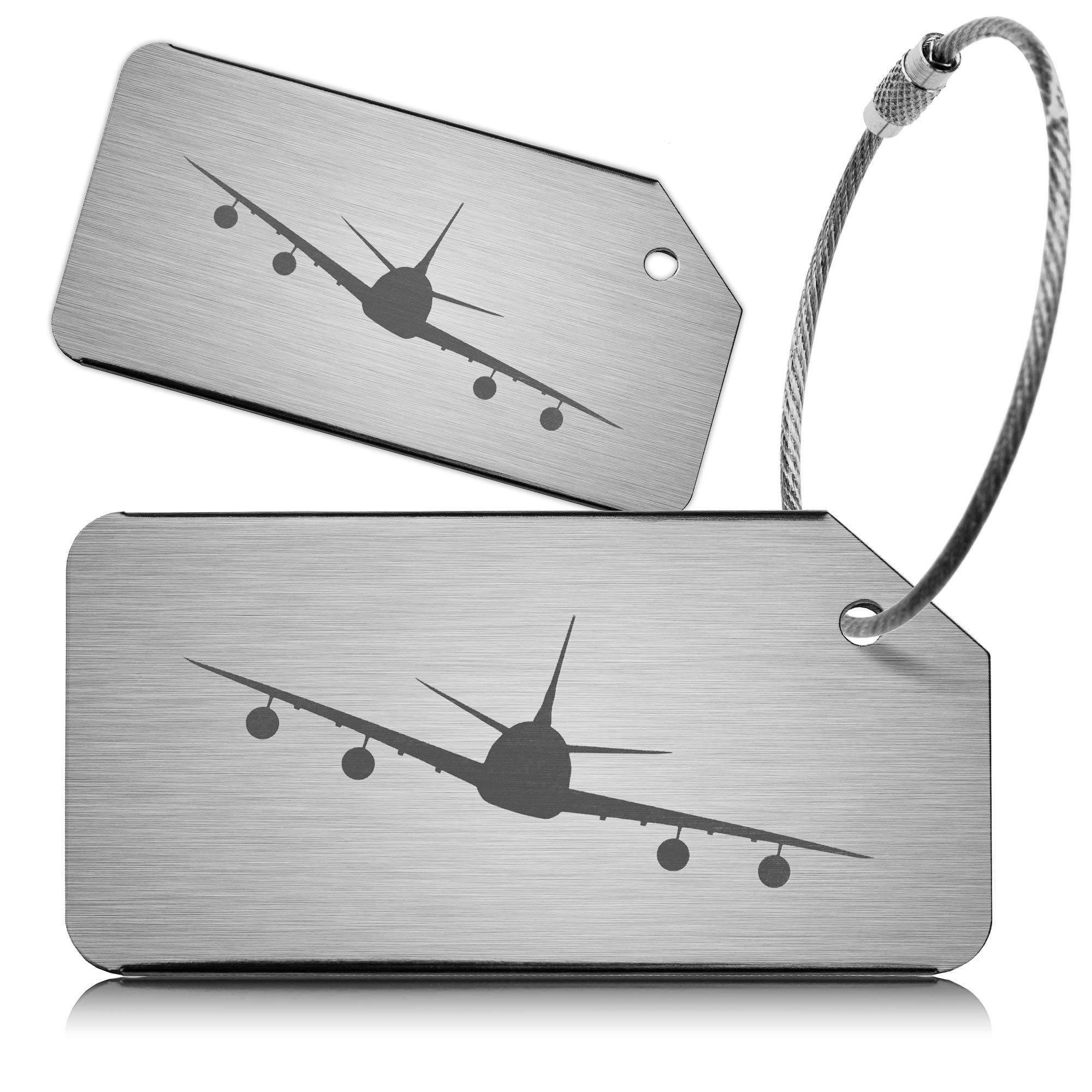 OCTiLUXPack of 2 Silver Strong Aluminium Luggage Tags, Secure, Easy to Spot, Privacy, Variety of Colours, Strong Steel Cable