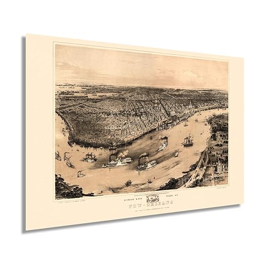 HISTORIX Vintage 1851 New Orleans Louisiana Map - 24x36 Inch Vintage Map of New Orleans Wall Art - New Orleans Vintage Map Poster - Historic Birds Eye View of New Orleans Vintage Map