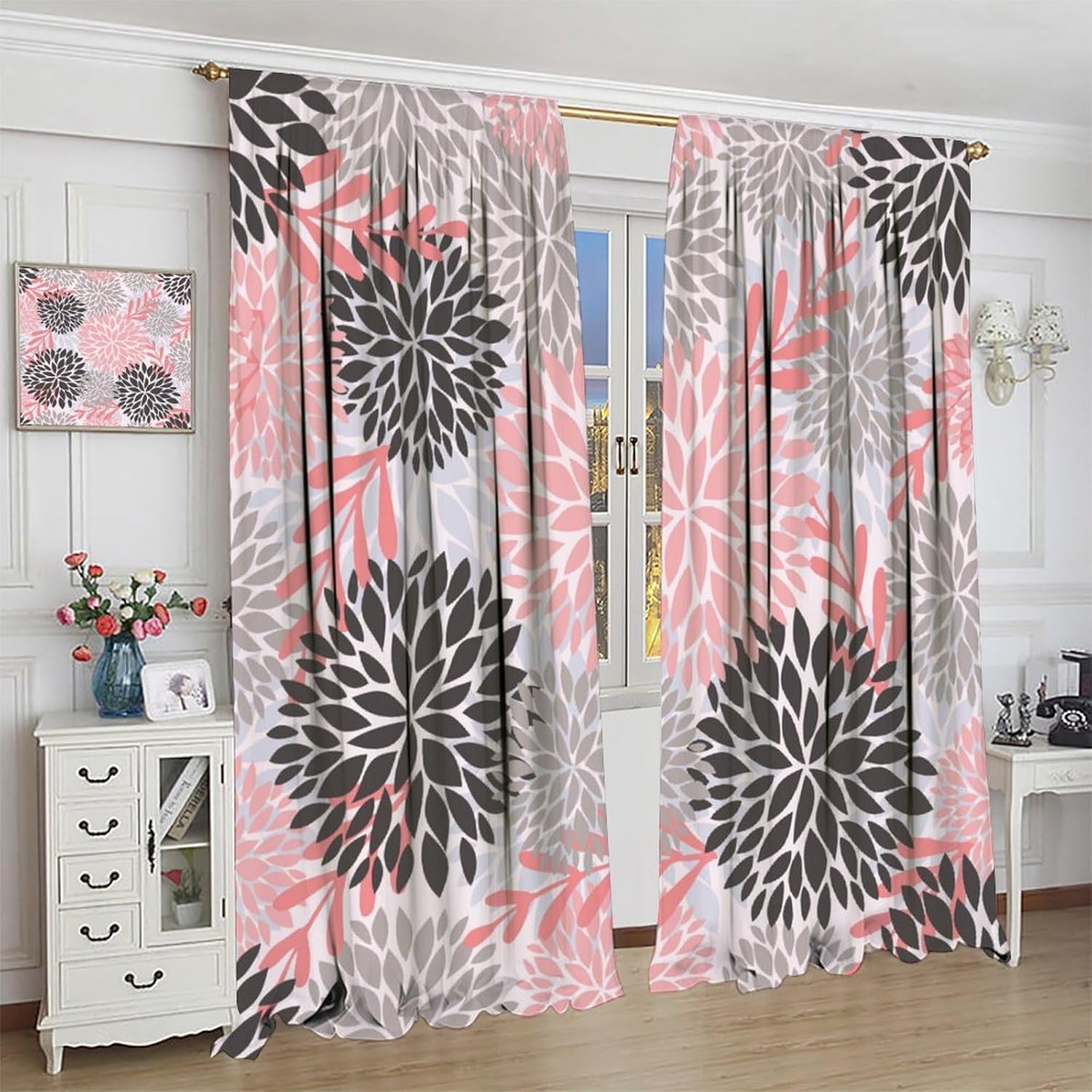 Pink Floral Curtains, Boho Dahlia Chrisanthemum Flowers Bright Colorful Window Treatments for Living Room Bedroom Kitchen, Floral Seamless Pattern Drapes 2 Panel Sets,42x54 Inch Blackout