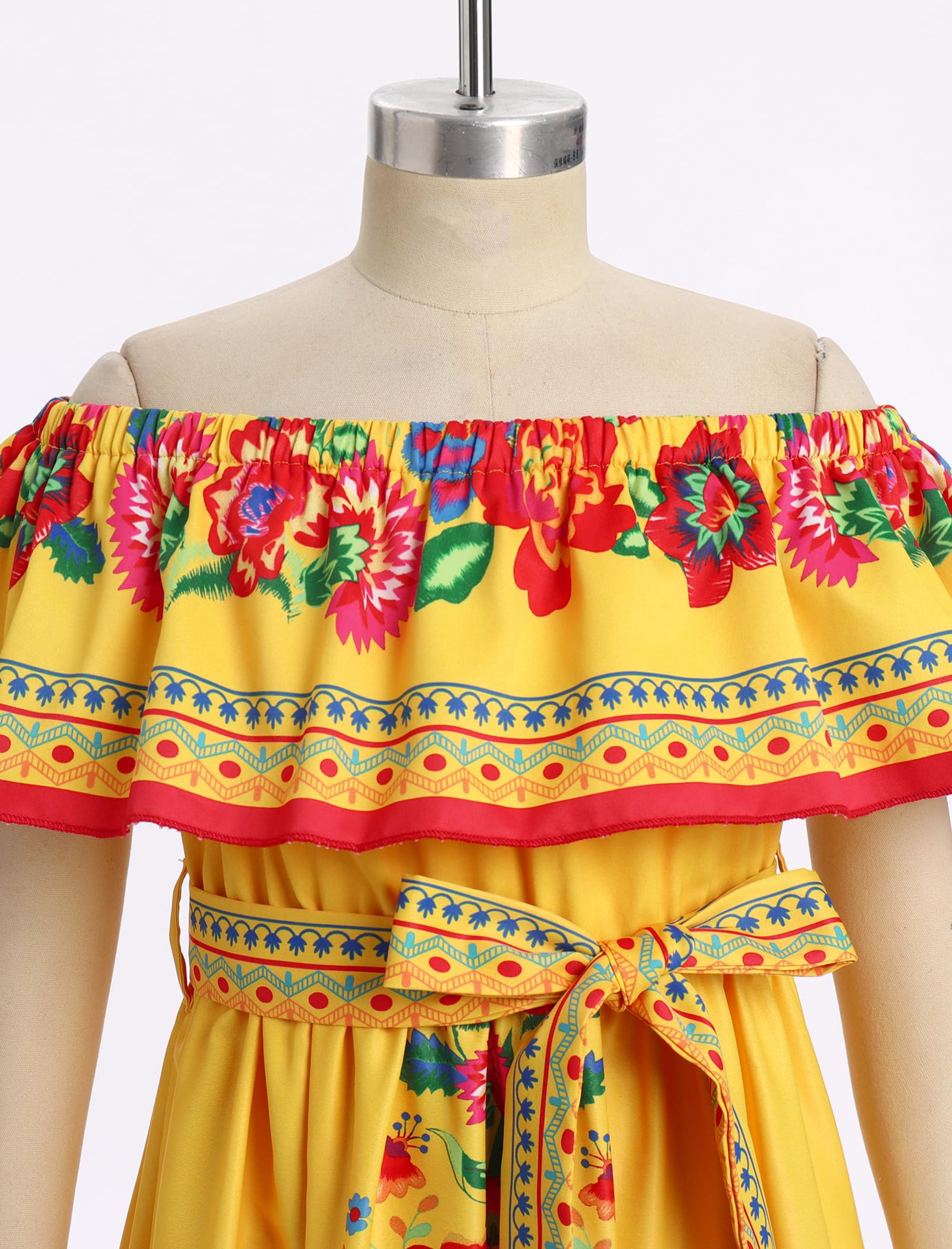 Robe mexicaine pour fille - Robe d'été bohème florale - Épaules dénudées - Traditionnelle Cinco De Mayo Fiesta - Robe folklorique bohème - Robe longue avec ceinture
