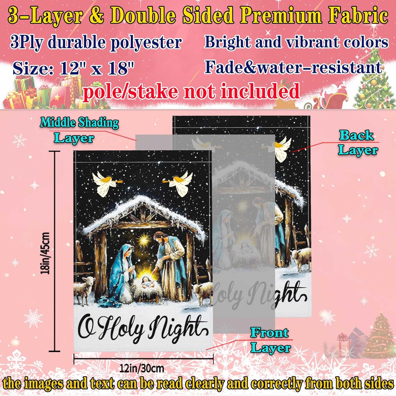 Christmas Oh Holy Night Jesus Nativity Scene Garden Flag Christian Jesus Yard Signs Garden Flags for Outside 12x18 Double Sided Christmas Vacation Outdoor Decorations - Image 4