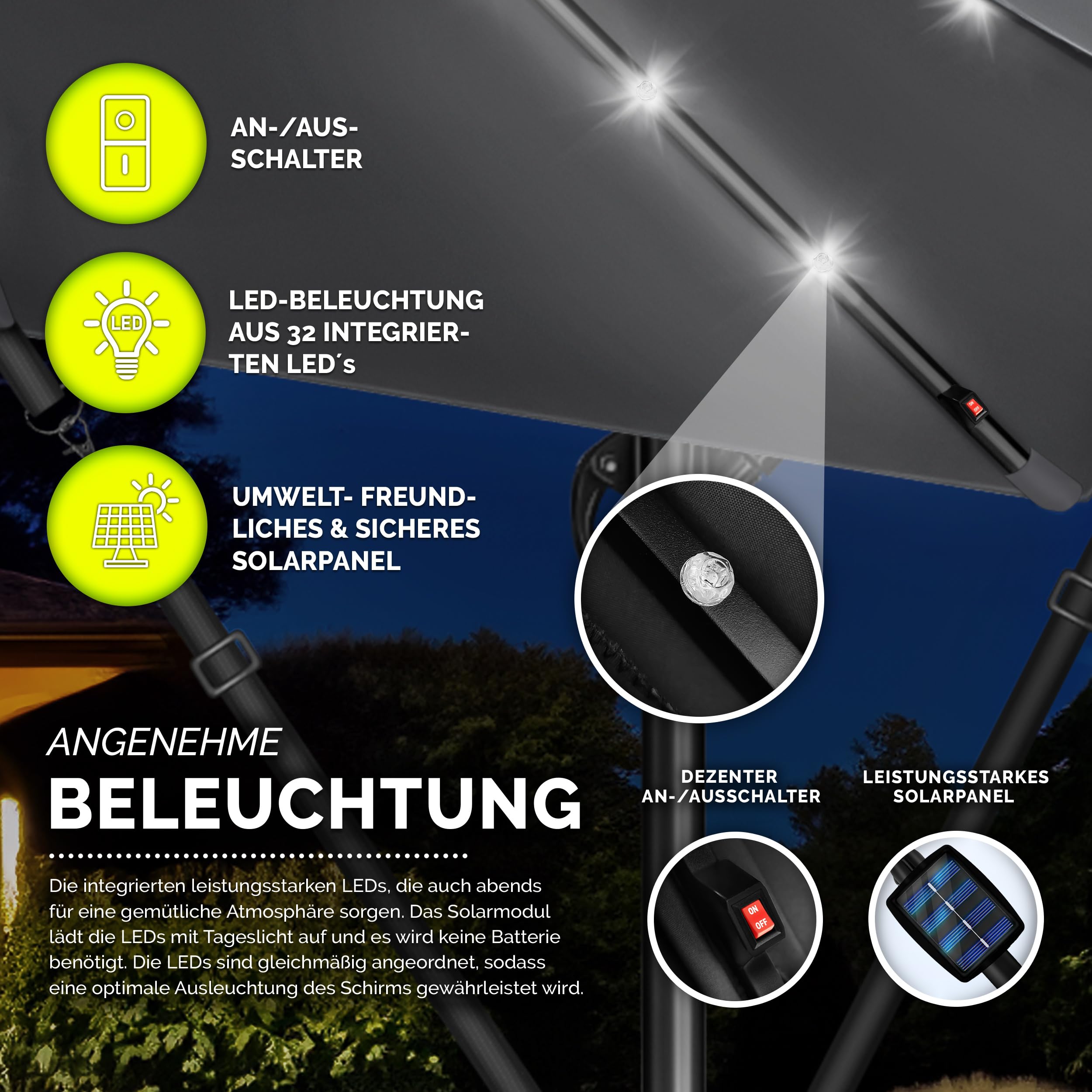 tillvex Alu Ampelschirm + Abdeckung LED Solar Ø 300 cm mit Kurbel, Abdeckung + Ständer | Sonnenschirm mit Windschutz | Gartenschirm UV-Schutz Aluminium | Kurbelschirm Marktschirm wasserdicht