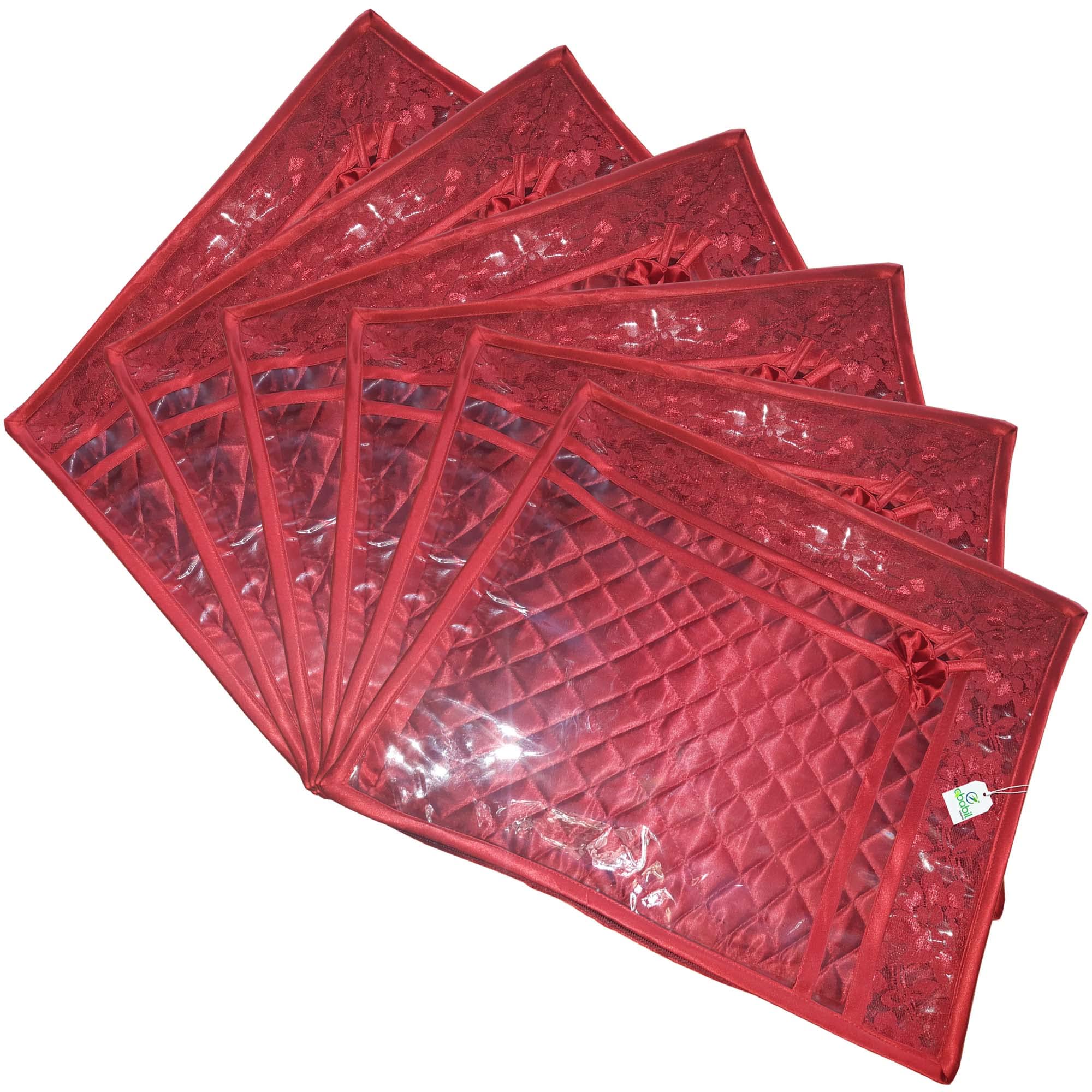 Ababil Industries Quilted Satin 2" Height Saree Cover Bag/ Storage Bag/ Wardrobe Organiser with PVC brocade lays combination Wedding Gift Pack of 6 (Maroon)