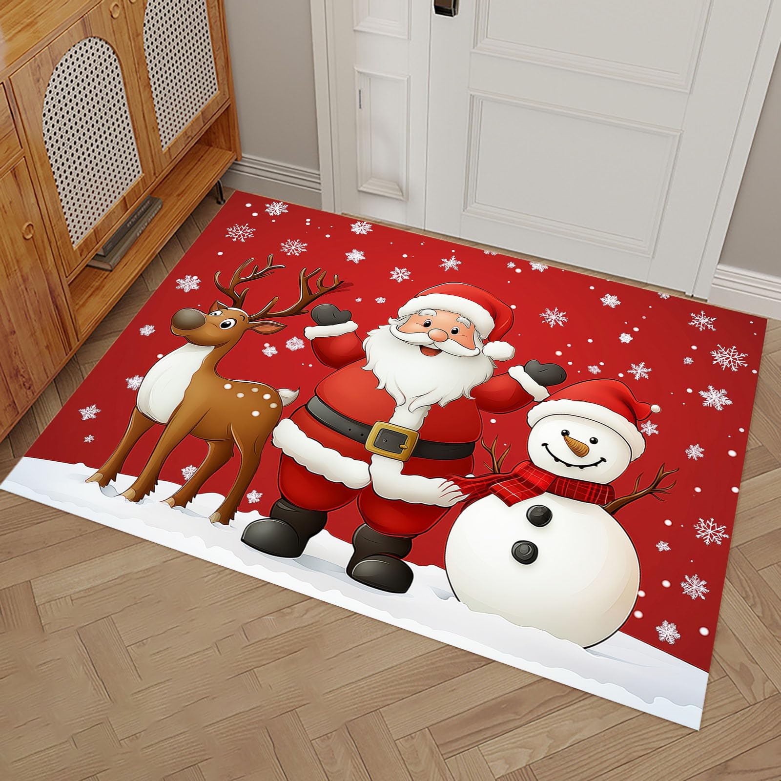 Felpudo Entrada Casa 90x150cm Alfombrilla Antideslizante Papá Noel, Los Renos Y El Muñeco De Nieve, Alfombra Absorbente Tema Navideño para Puerta Interior y Exterior, Pasillo, Oficina - Rojo