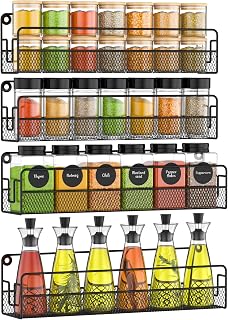 Wall Mounted Spice Rack Organizer, Pantry Door Organizer & Hanging Storage Baskets, Metal Spice Shelf for Kitchen Cabinet, 2 Depth Sizes Hold Large Jars to Nail Polish Bottles, 4 Pack
