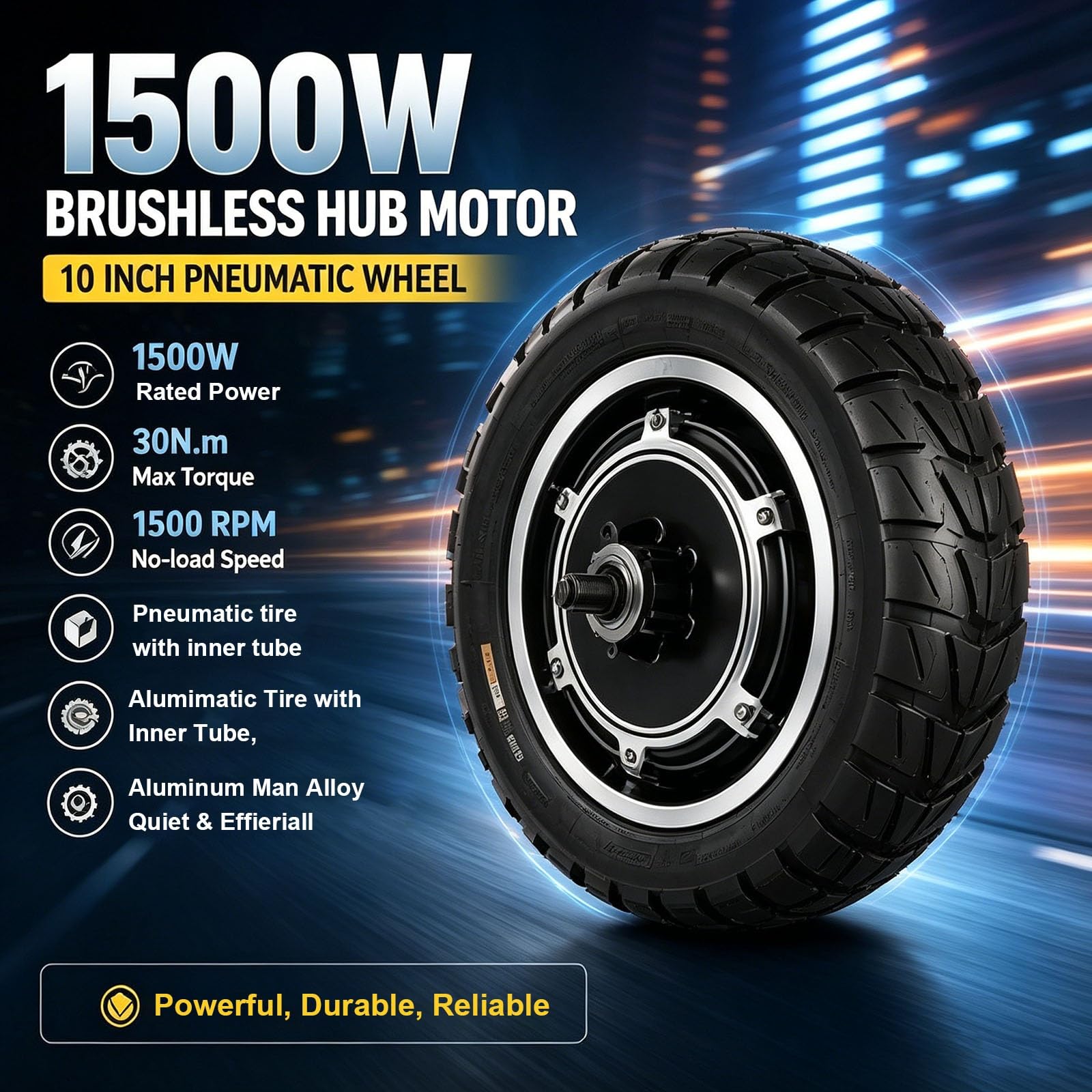 Kit Motore a Mozzo 1500W per Monopattino, 48V 72V Motore Brushless ad Alta velocità 1500RPM con Camera d'Aria, Apertura 112mm in Lega di Alluminio Parti di Ricambio 10"(72V)
