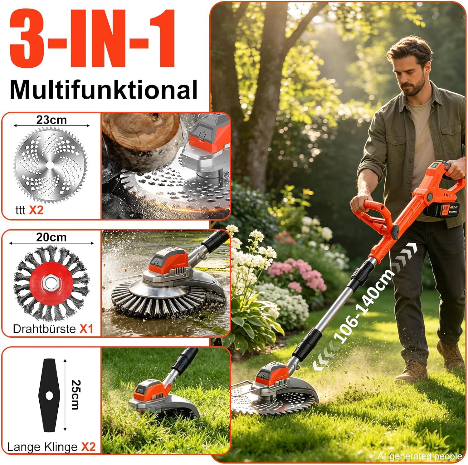 21V Rasentrimmer mit Akku, 3 in 1 Rasenkantenschneider mit Unkrautbürste, Faltbar Elektrischer Motorsense, Freischneider mit 3 Verschiedenen Klingen für Rasenschneiden Rasenpflege (Rot-1)