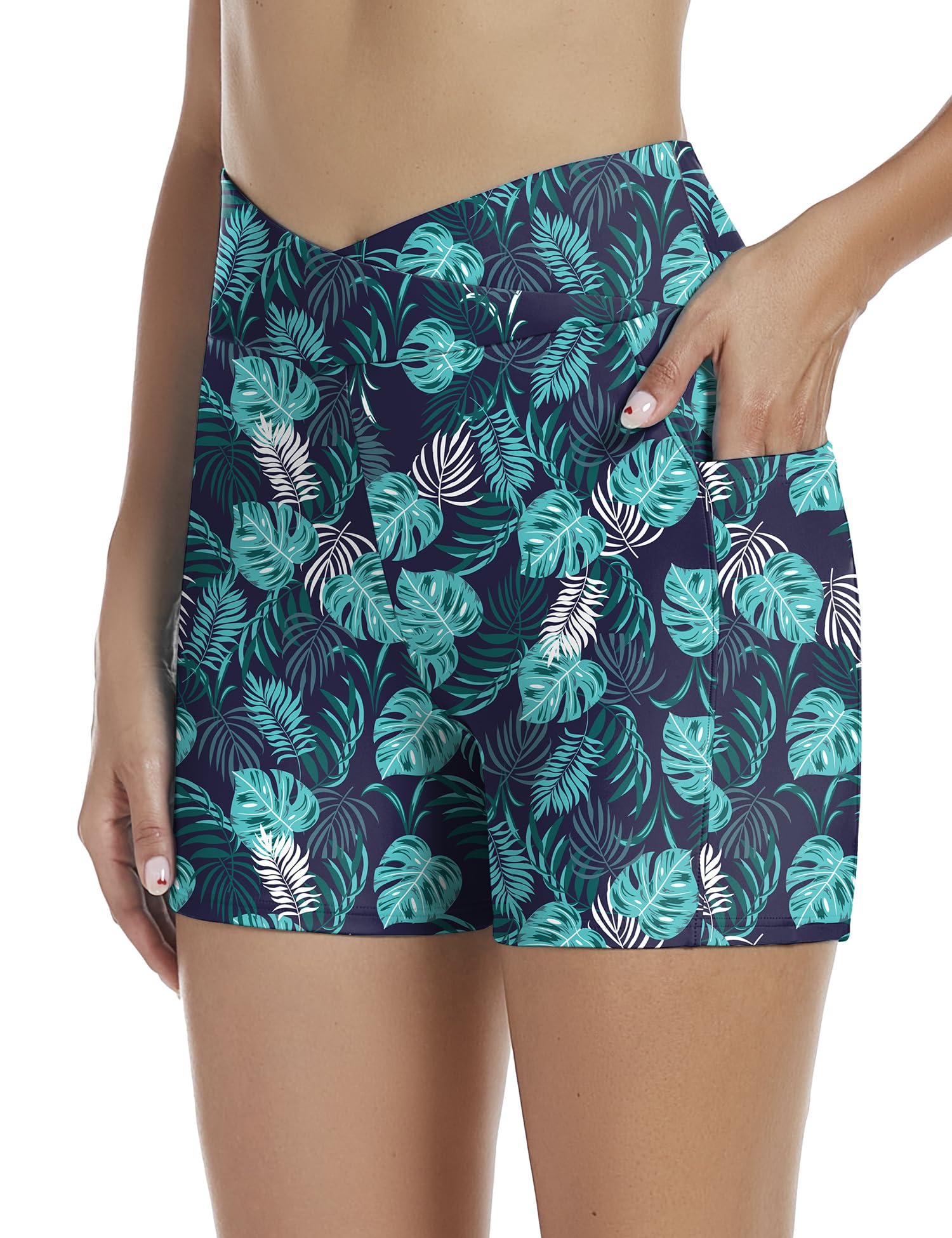 Tournesol Women's 4" Swim Shorts High Waisted Swimsuit Bottoms Cross Waist Bathing Suit Swimwear Boy Shorts with Pocket