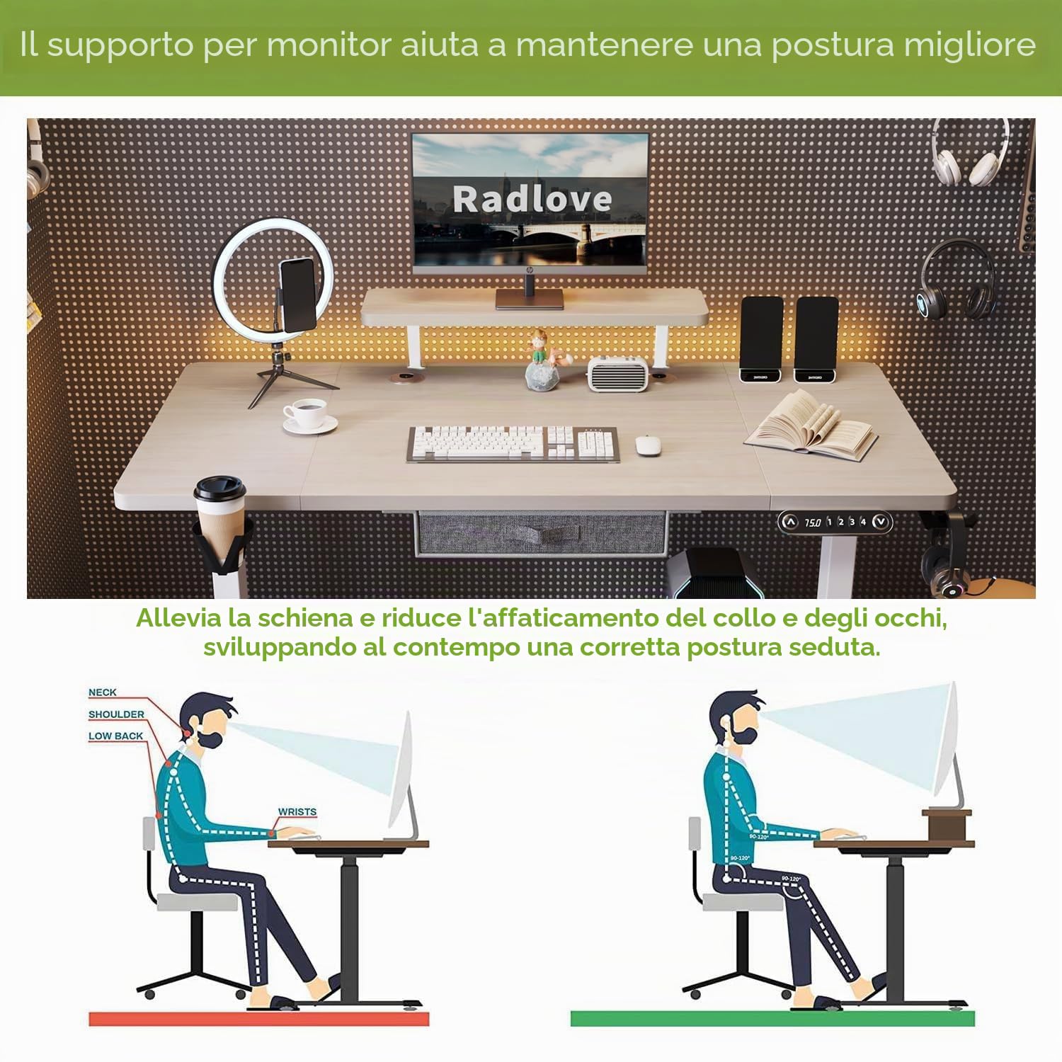 Radlove Scrivania elettrica regolabile in altezza, con 4 controlli in memoria e tecnologia anti-collisione (rovere+ripiano per monitor, 76 x 140 cm)