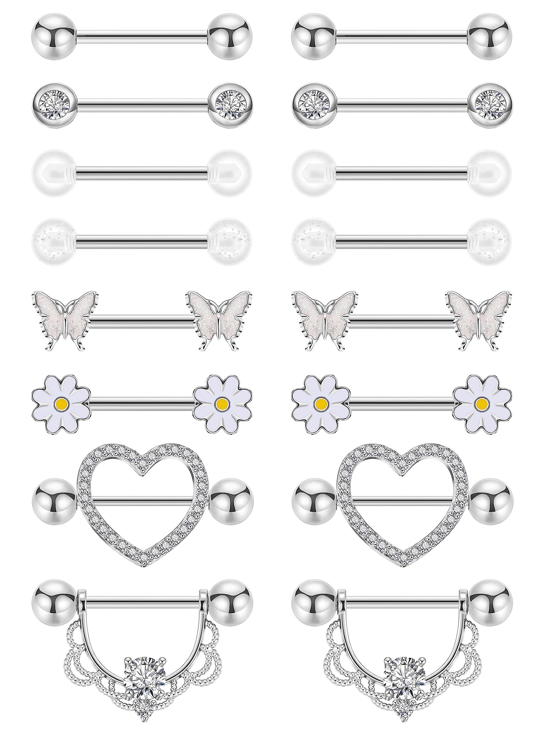 NICEIGHT 8 Pairs 14G Surgical Steel Nipple Rings for Women - Heart, Butterfly, Flower CZ Barbell Piercing Jewelry