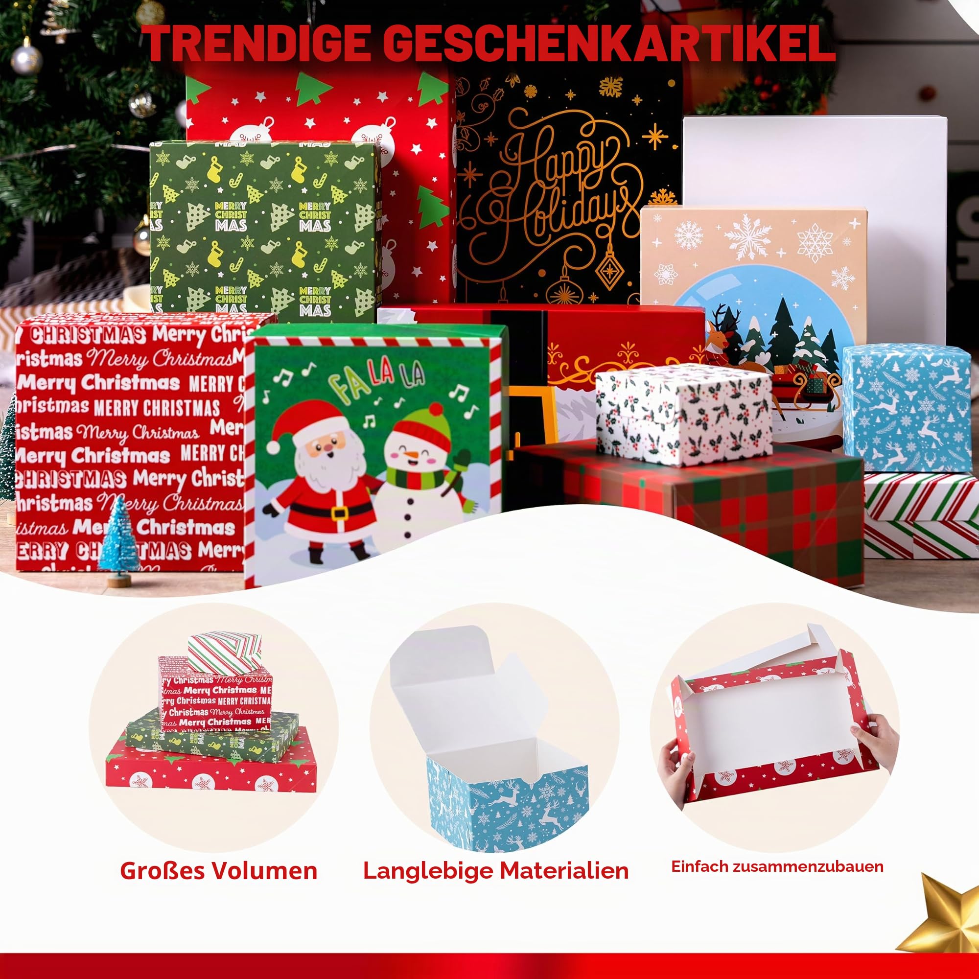 JOYIN 12 Stück Weihnachts-Geschenkboxen mit Deckel für Geschenke, große Robe, Pappschachteln, Weihnachtsmotiv, dekorative Box für Kleidung, Geburtstag, Urlaub, Hochzeit, Geschenkverpackung, Dekoration