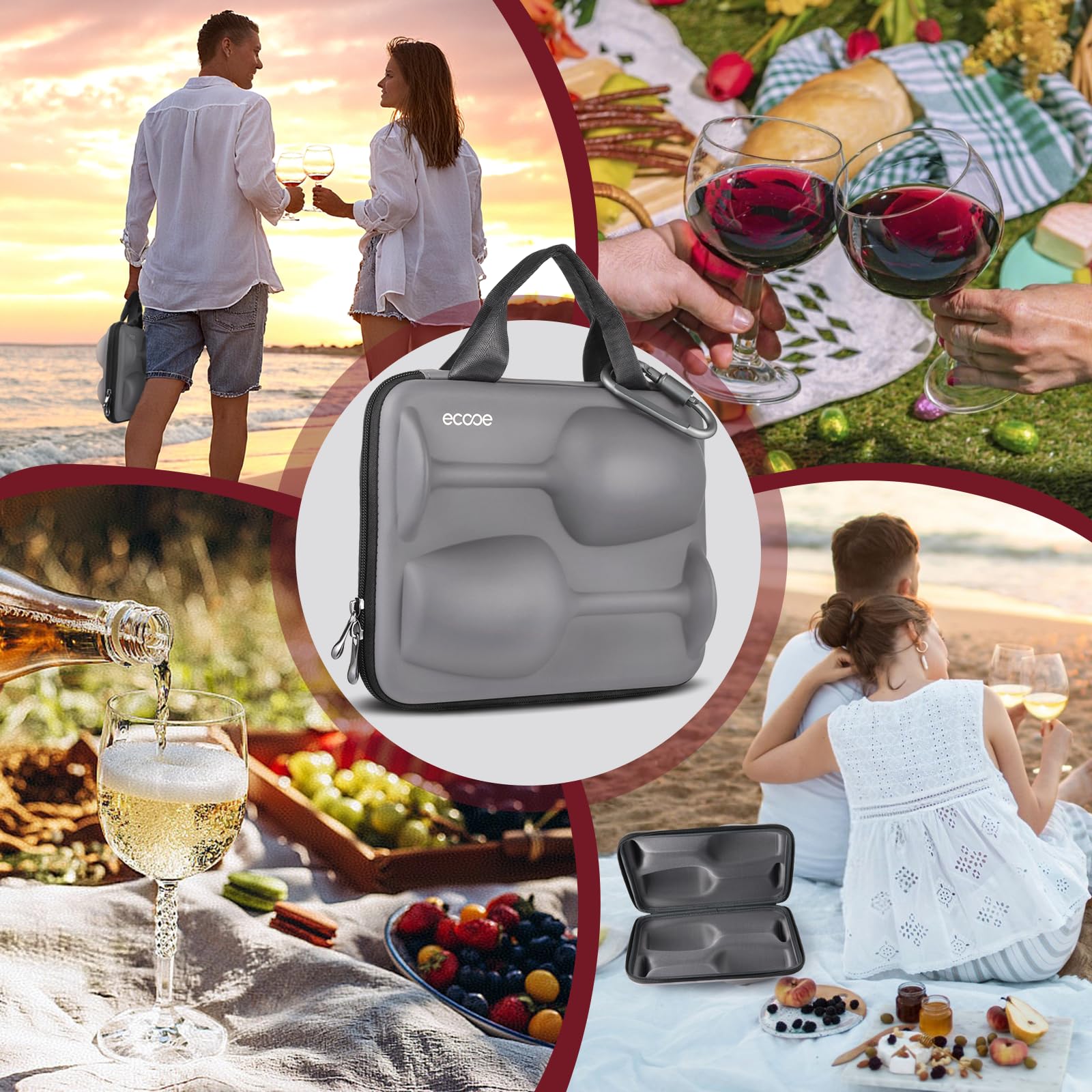 ecooe Lot de 2 verres à vin à emporter avec étui de protection et chiffon de nettoyage - Verres à vin à emporter pour les excursions à la plage, les pique-niques en plein air, cadeau pour les amateurs