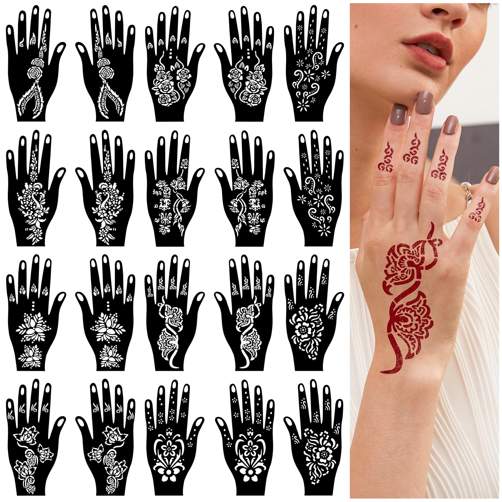 RAZET 20 Fogli Stencil per Tatuaggi per Mani, Modelli Autoadesivi per Palmi e Dita, Adesivi per Tatuaggio Temporaneo Indiano Arabo per Matrimoni e Feste