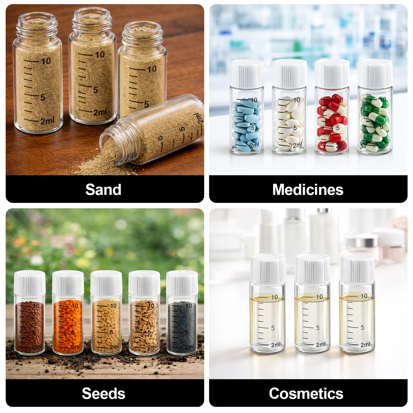 20 flaconcini di campione da 10 ml, piccole fiale di vetro con tappo a vite bianco, trasparente, campionamento di vetro, mini bottiglie di vetro con scala, flaconcini da laboratorio per