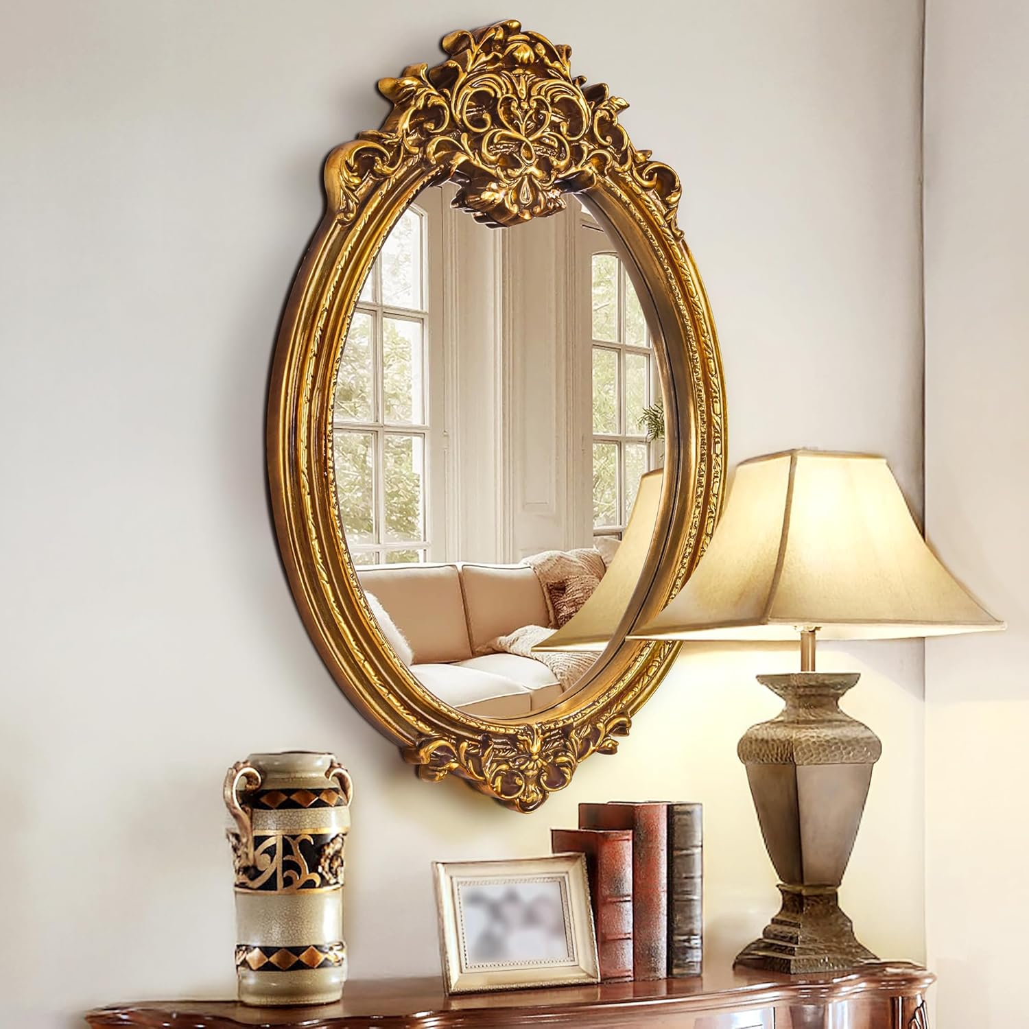 Chende Baroque Oval Mirror for Wall Decor, 40" x 28" Ornate Gold Bathroom Mirror with 3D PU Carved Frame, Luxury Gold Wall Decor for Living Room, Dining Room, Entryway, Home Office, Unique, Vertical