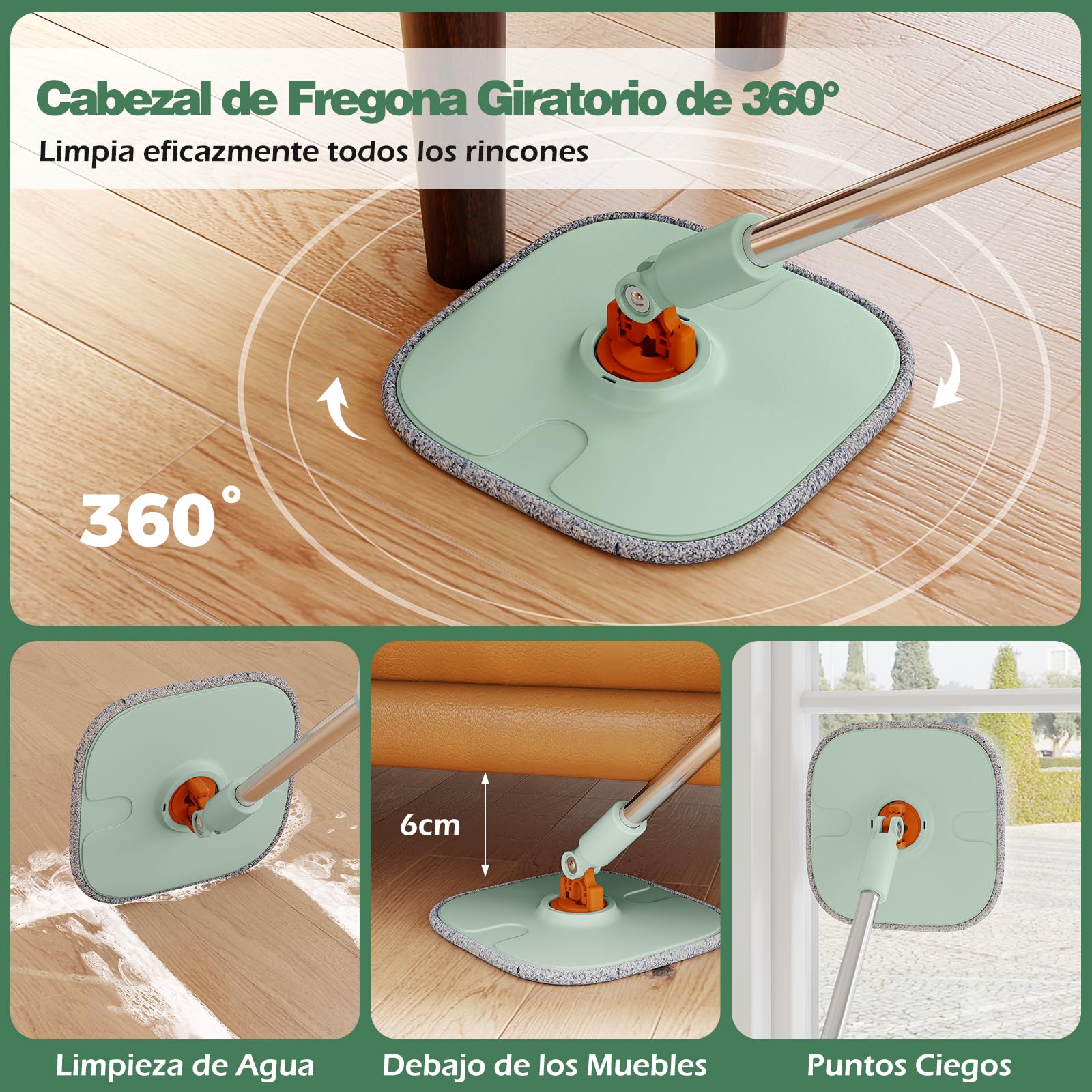 COSTWAY Juego de Fregona Mopa, con Cubo Escurridor, Fregona Autoescurrible, Fregona y Cubo para Suelo Plano con Paños de Microfibra Lavables, Sistema de Limpieza para Uso en Húmedo y Seco, Verde