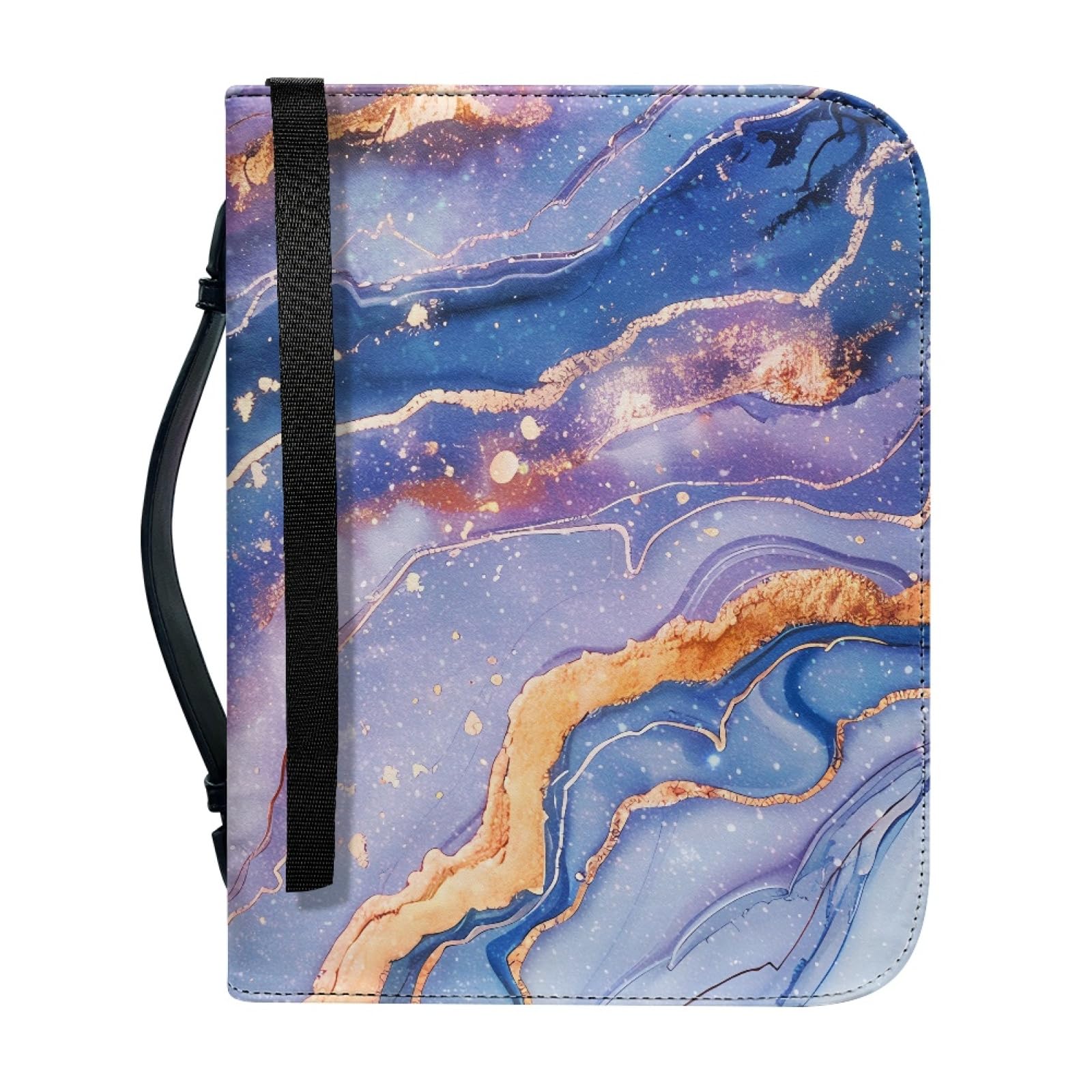 ENEN Bible Cover Tote Bag, 3D Marble Print Bible Bag Bible Cover Case Waterproof PU Leather Large Bible Case/Bible Book Cover with Handle, Zip & Pen Storage (Blue Purple,30.5x22.9cm)
