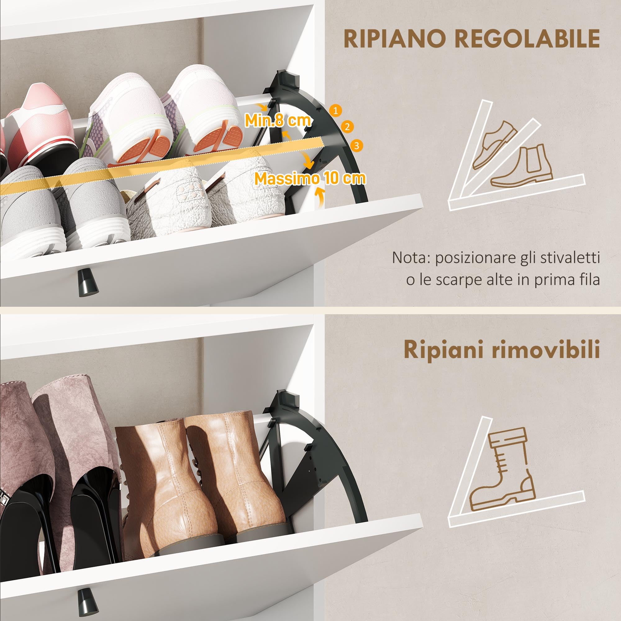 HOMCOM Scarpiera Salvaspazio Slim con 2 Ante a Ribalta, Scarpiera Ingresso con Ripiani Regolabili, Piano Superiore e Base Rialzata, Porta Scarpe per 16 Paia in Legno con Maniglia, 80x24x101 cm, Bianco