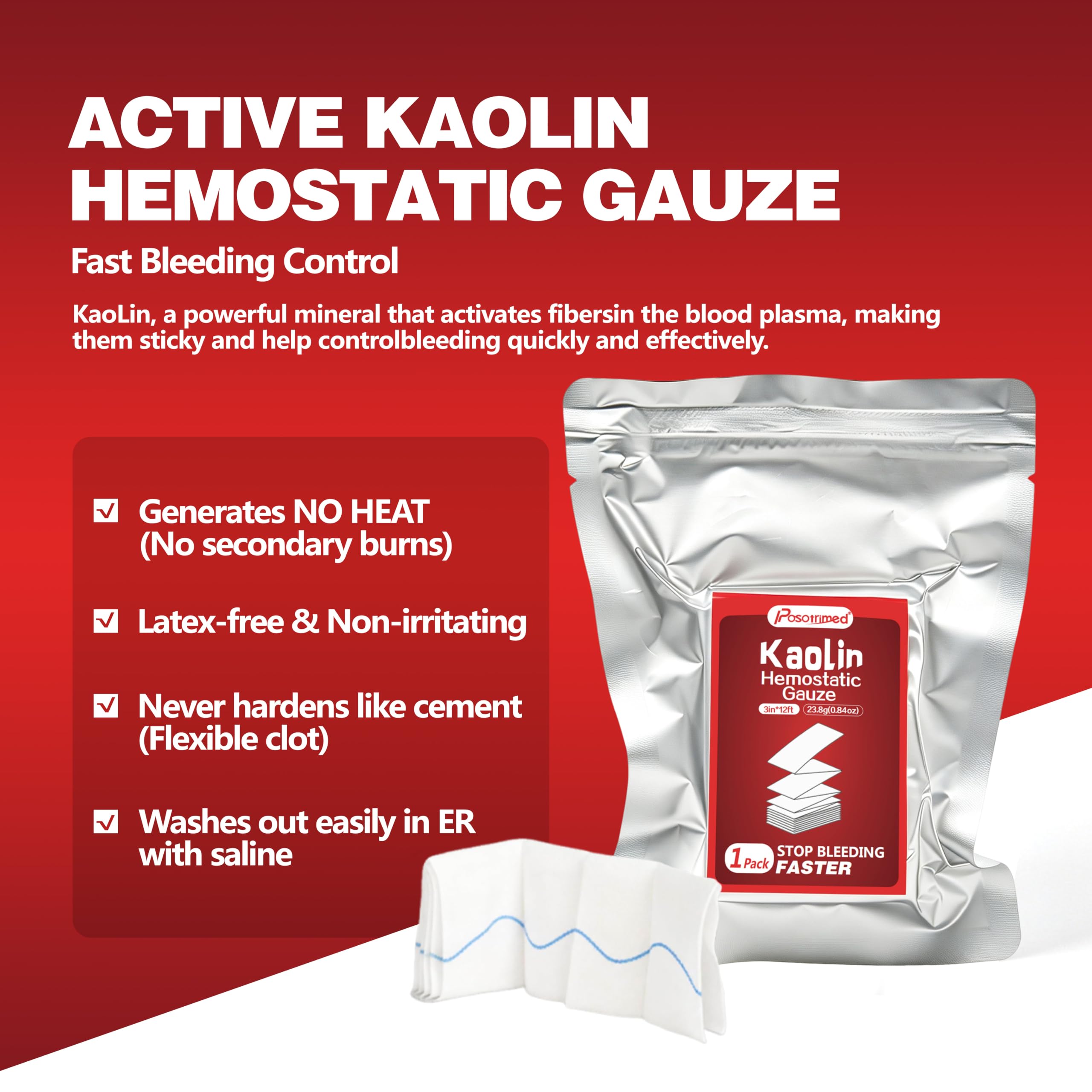 Kaolin Hemostatic Gauze for Emergency First Aid, 2 Pack — Amazon image 3