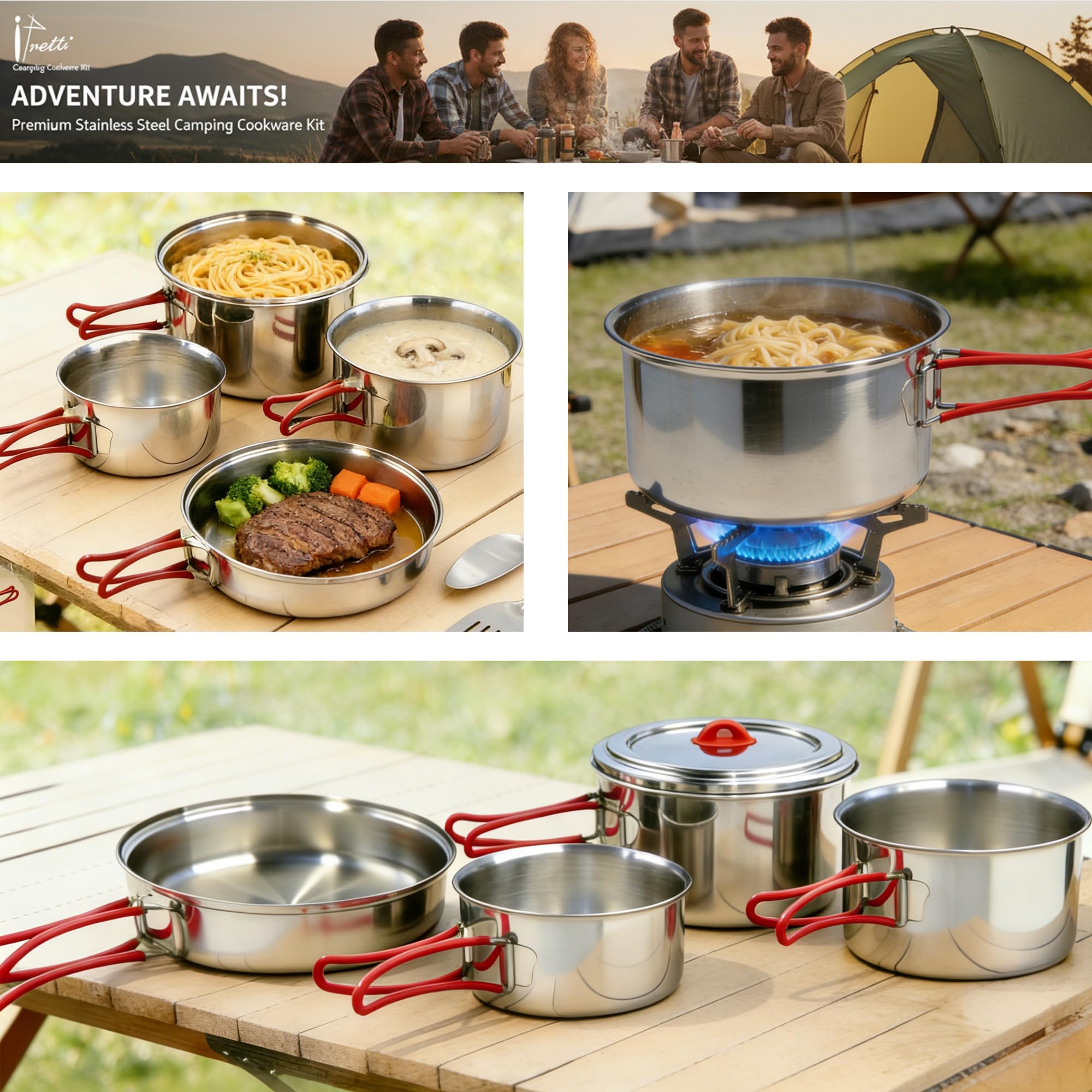 Set di pentole da campeggio in acciaio inox 18/8, dimensioni familiari, da 6 a 8 persone, pentole e padelle con utensili e bollitore, kit da cucina all'aperto con borsa per il trasporto