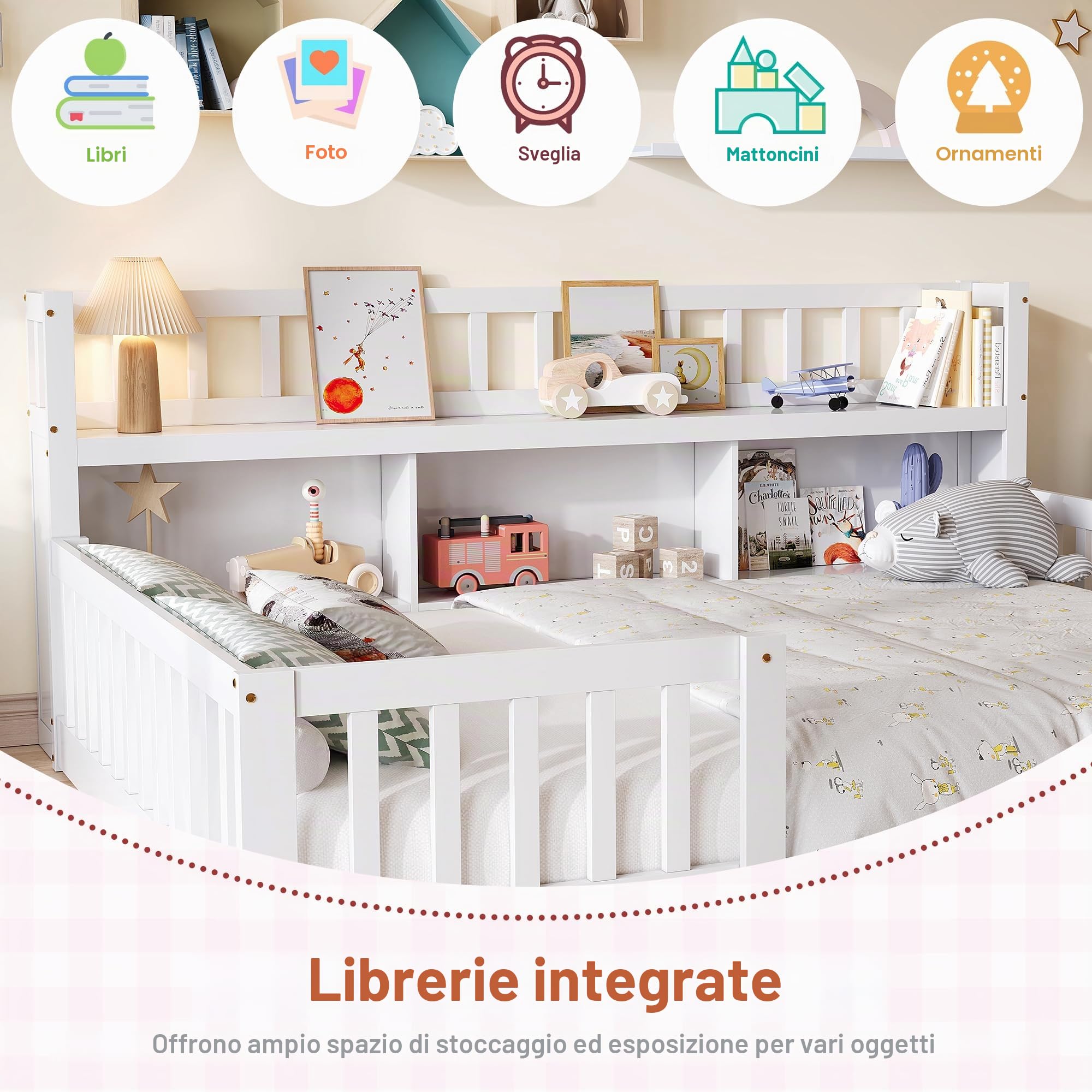 Letto a terra 140x200 con protezione anticaduta e rete a doghe, letto per bambini in legno 140x200 con vano portaoggetti, letto Montessori per bambini, letto matrimoniale letto per ragazzi