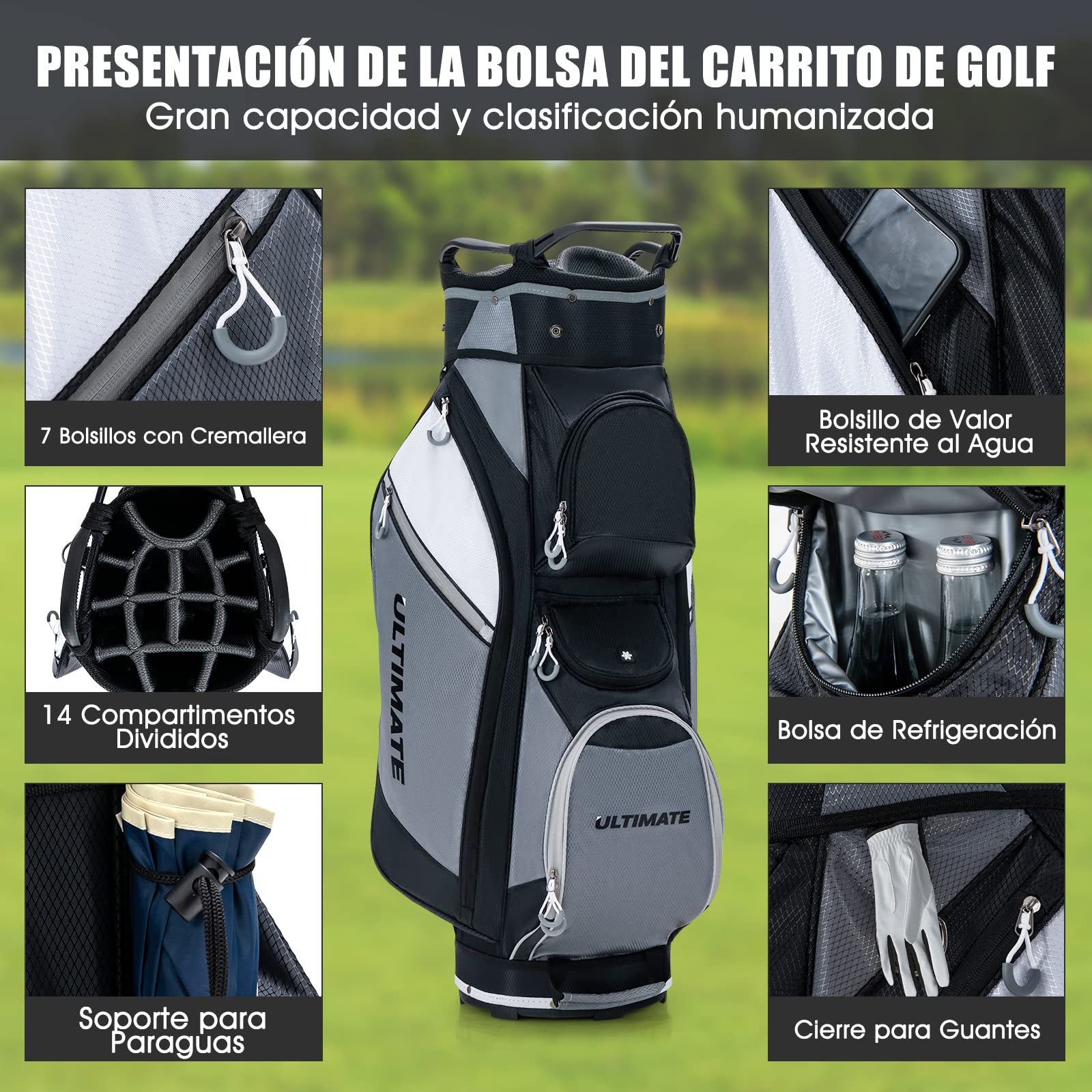 COSTWAY Bolsa Golf con 14 Palos, Bolsa Palos Golf Portátil y Ligera de 2kg, Impermeable, 11 Bolsillos con Cremallera, Capucha para la Lluvia, Cart Bag Unisex Adulto