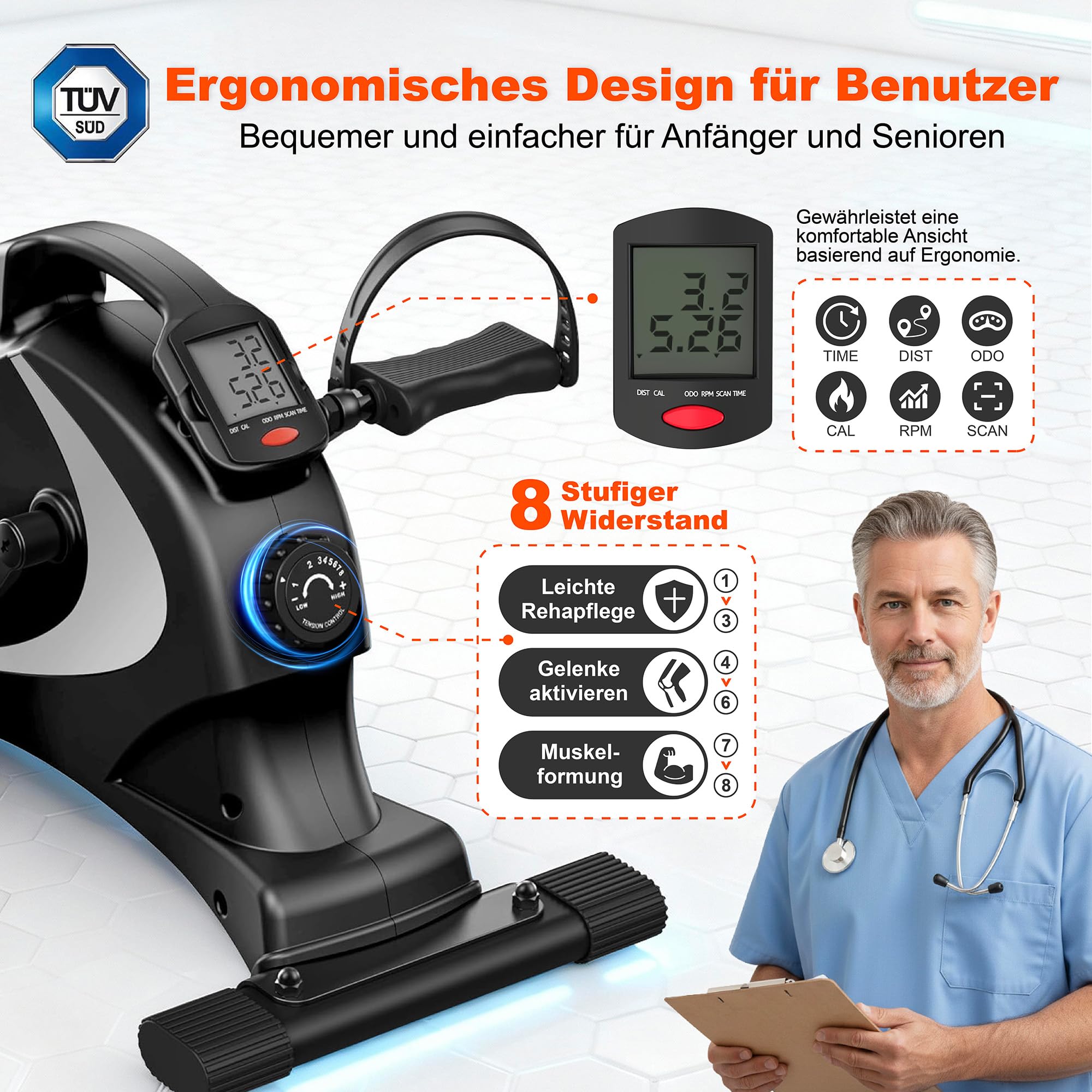 Niceday Pedaltrainer für Arme und Beine mit 8 Magnetstufen und LCD Display | Leiser Beintrainer mit LCD und Tragegriff, perfekt für Senioren, Büroarbeit und gelenkschonendes Training im Sitzen geeignet